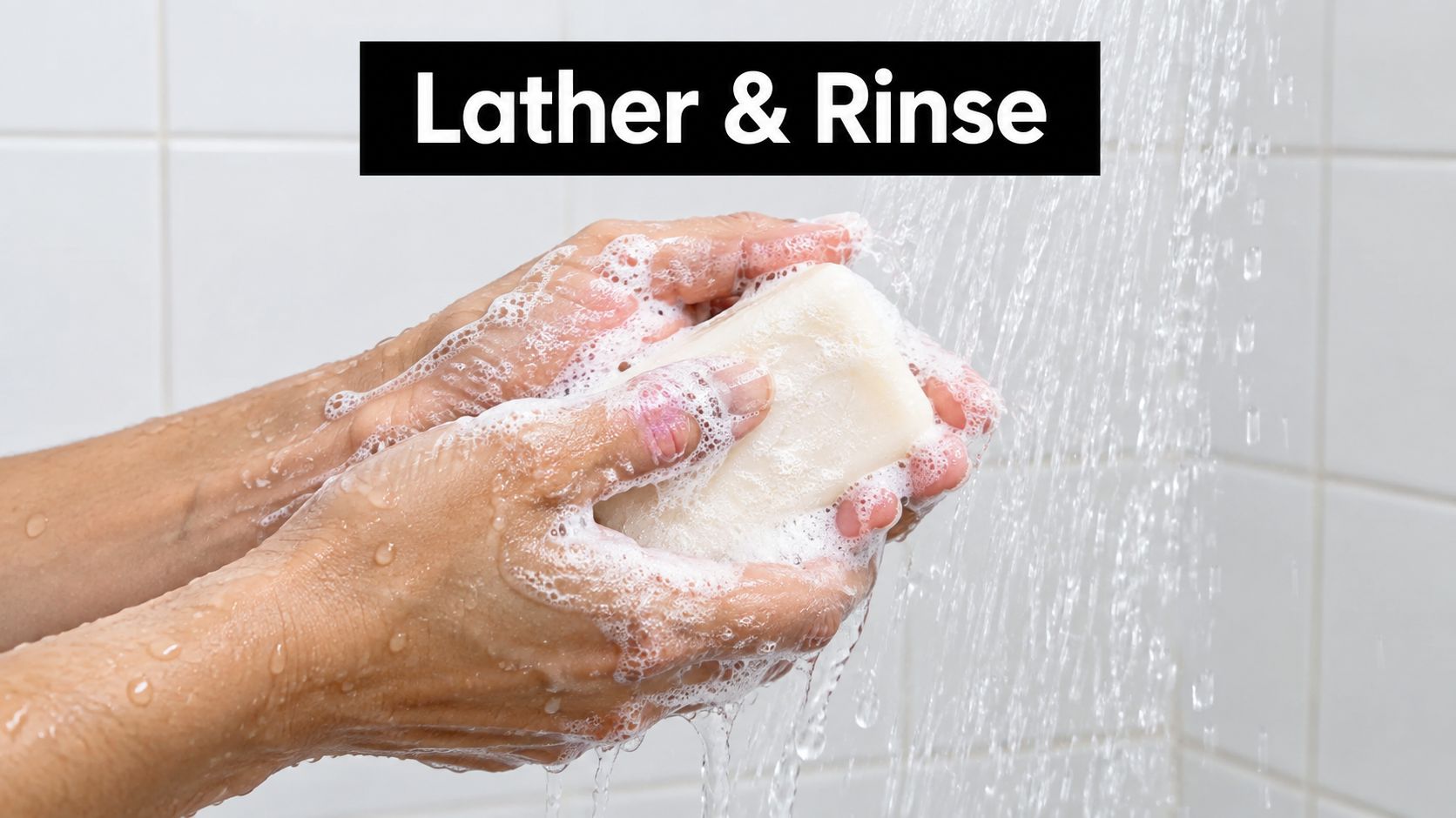 A person uses a bar of unscented body soap to create a rich lather under a shower.