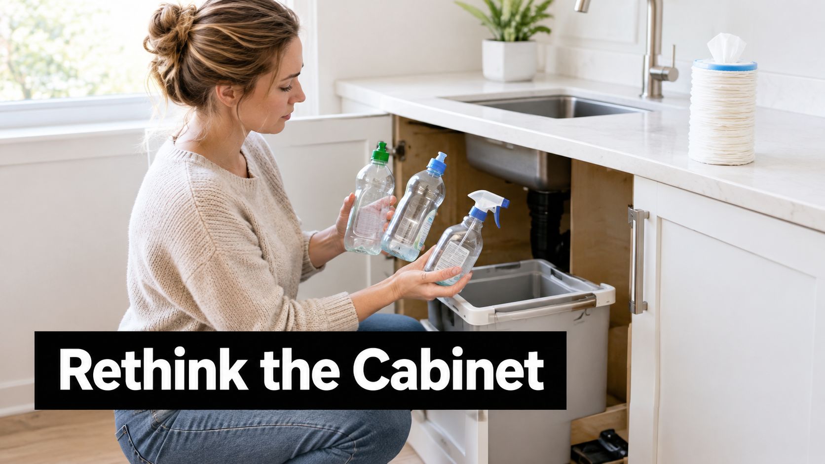 A woman organizing her under-sink cabinet while holding three empty plastic bottles for recycling or reuse.