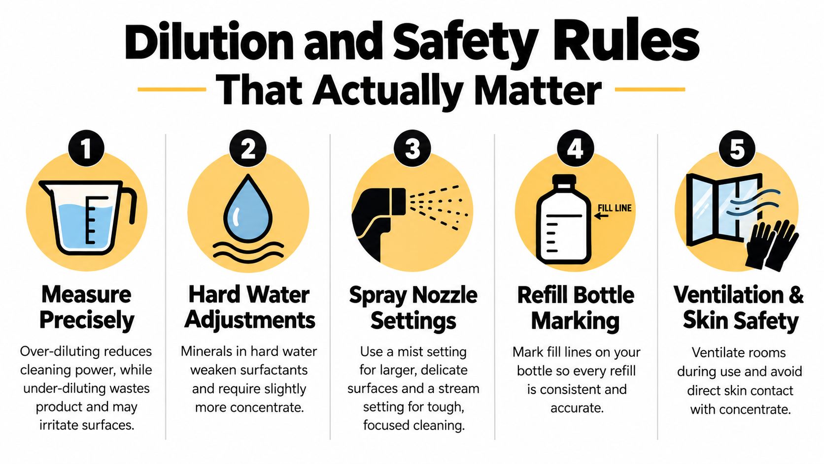 A safety infographic titled Dilution and Safety Rules featuring five tips for using cleaning concentrate safely.