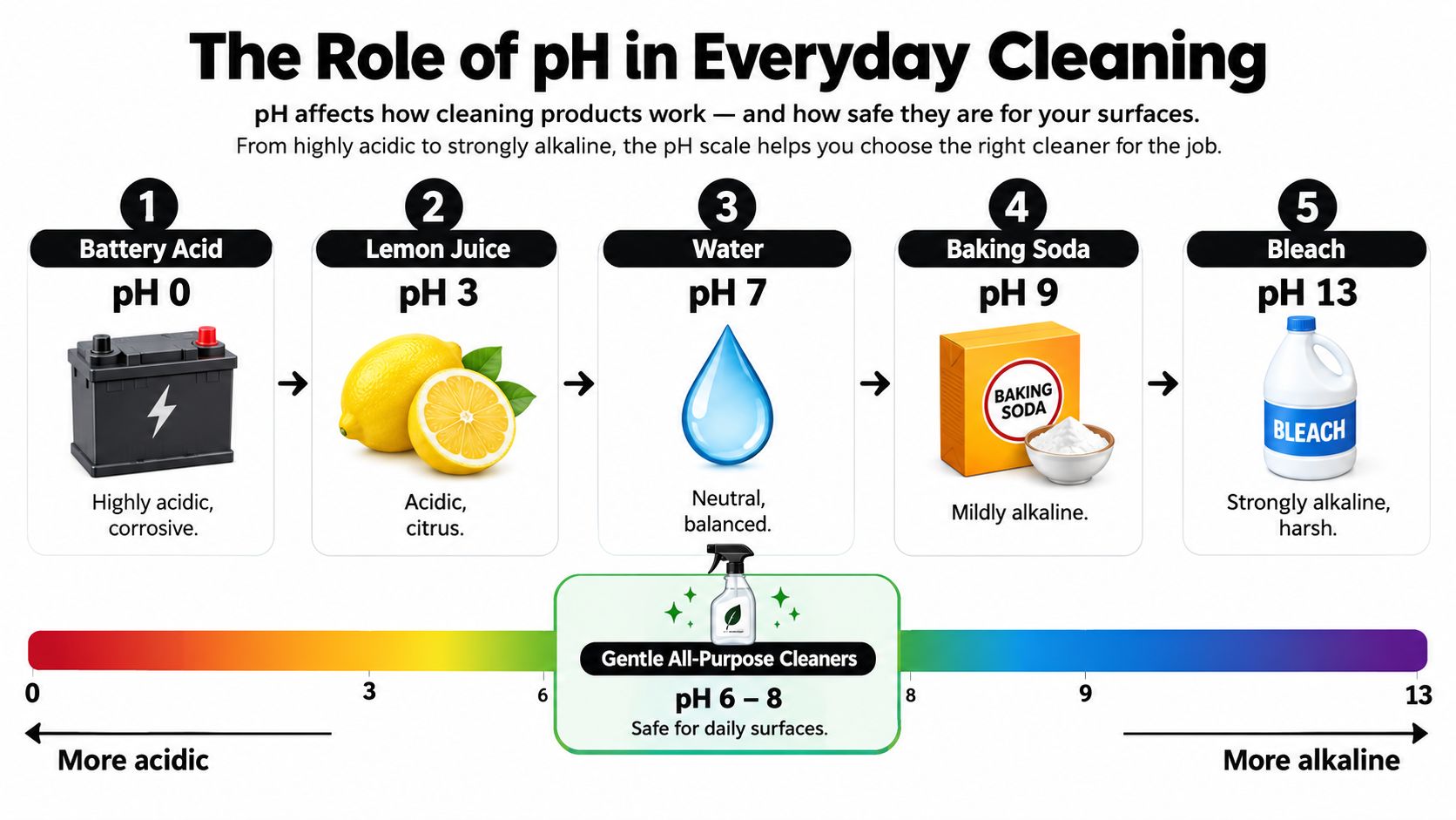 A pH scale chart illustrating various cleaning substances from highly acidic battery acid to strongly alkaline bleach.
