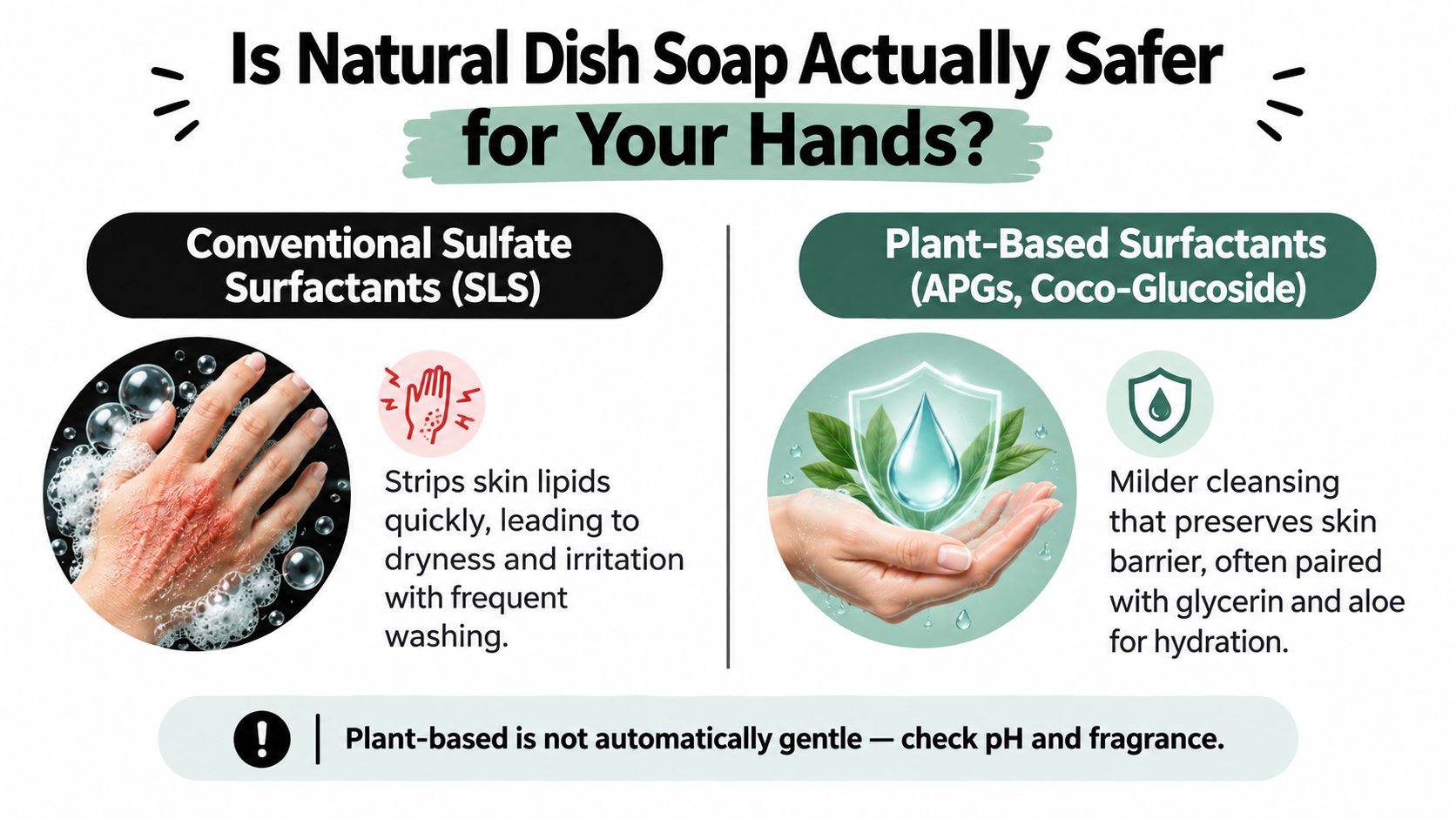 A comparison infographic showing how conventional sulfate dish soaps irritate skin versus milder plant-based alternatives.