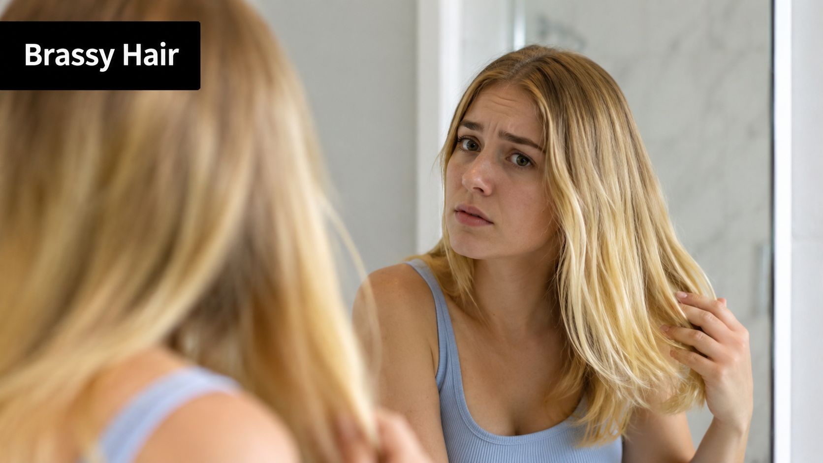 A young woman looking concerned at her brassy blonde hair while reflected in a bathroom mirror.