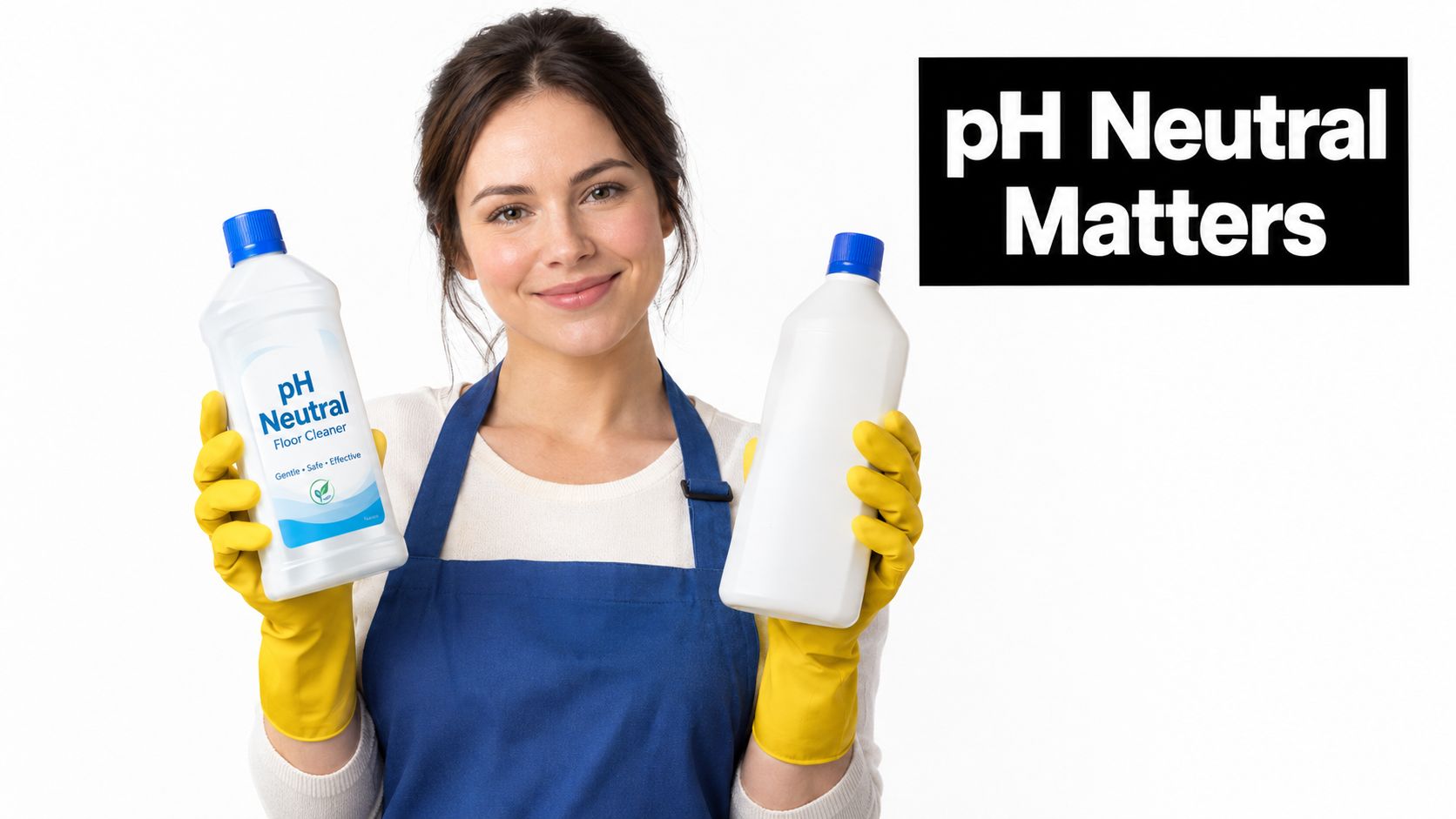 A professional cleaner wearing yellow gloves holds a pH neutral floor cleaner bottle next to an empty bottle.