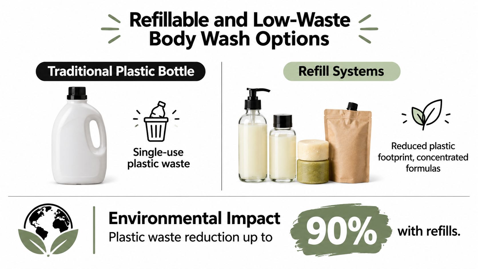 An infographic comparing traditional plastic body wash bottles to eco-friendly, low-waste refillable systems and their benefits.