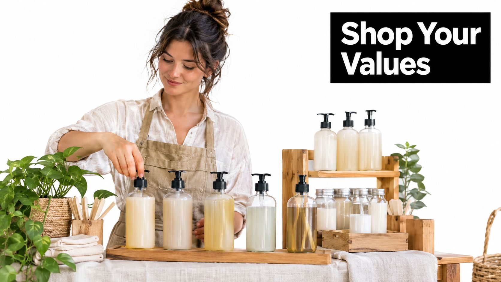 A woman in an apron organizing natural soap and shampoo bottles on a wooden display table.