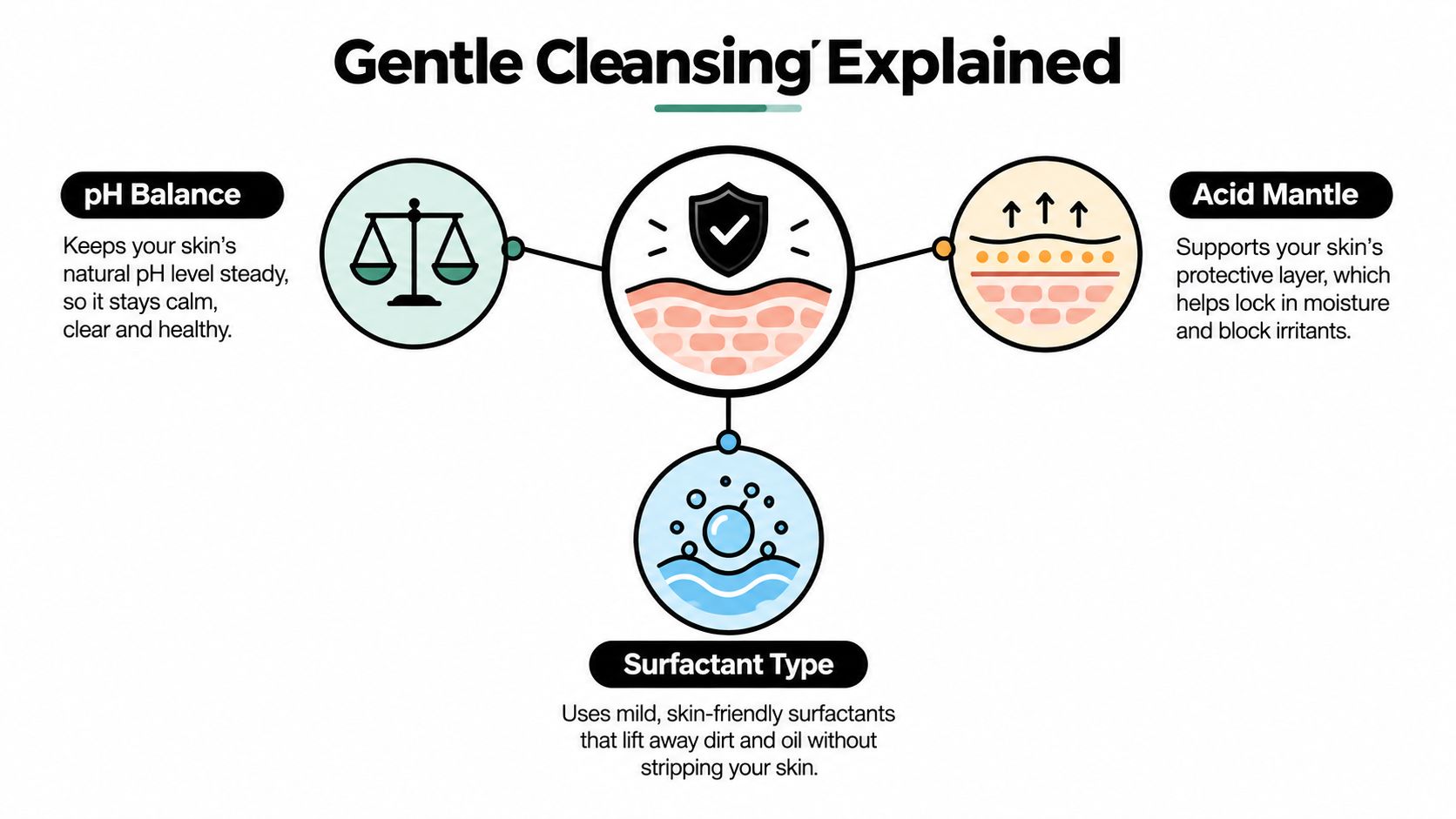 An infographic explaining gentle cleansing, highlighting pH balance, the acid mantle, and the role of mild surfactants.