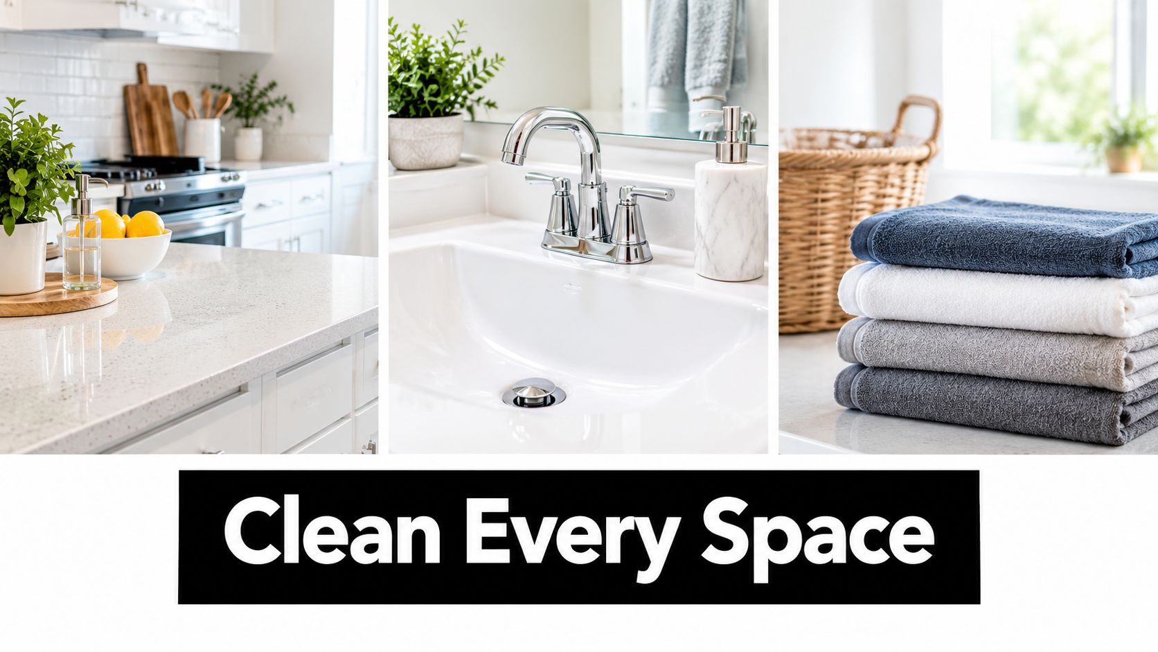 A collage showing a clean kitchen, a bathroom sink, and neatly folded towels, representing tidy living spaces.