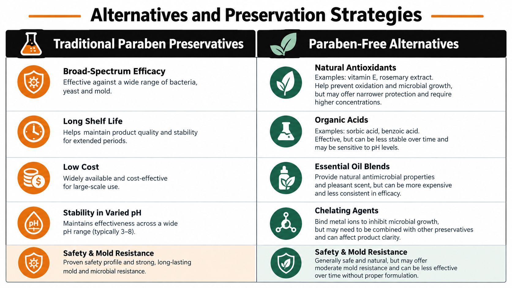 A comparison chart outlining the pros and cons of traditional paraben preservatives versus paraben-free alternatives.