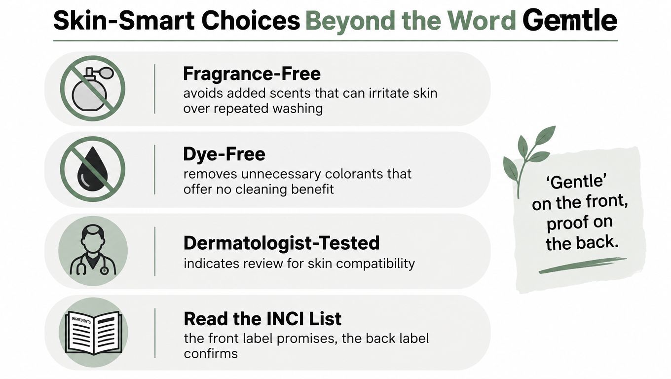 An infographic titled Skin-Smart Choices Beyond the Word Gentle listing tips for choosing gentle cleaning products.