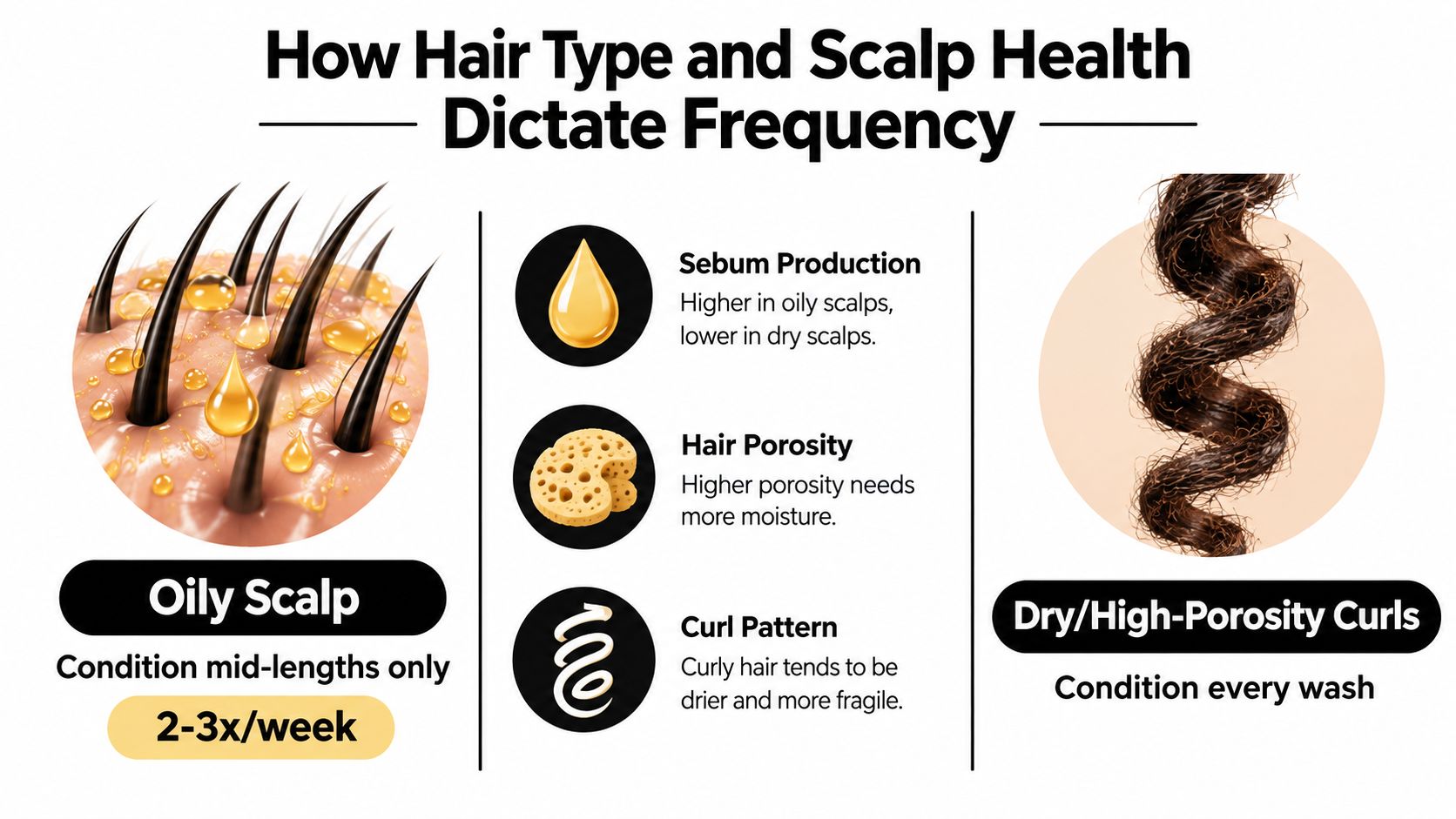 A helpful infographic comparing hair care advice for an oily scalp versus dry, high-porosity curly hair.