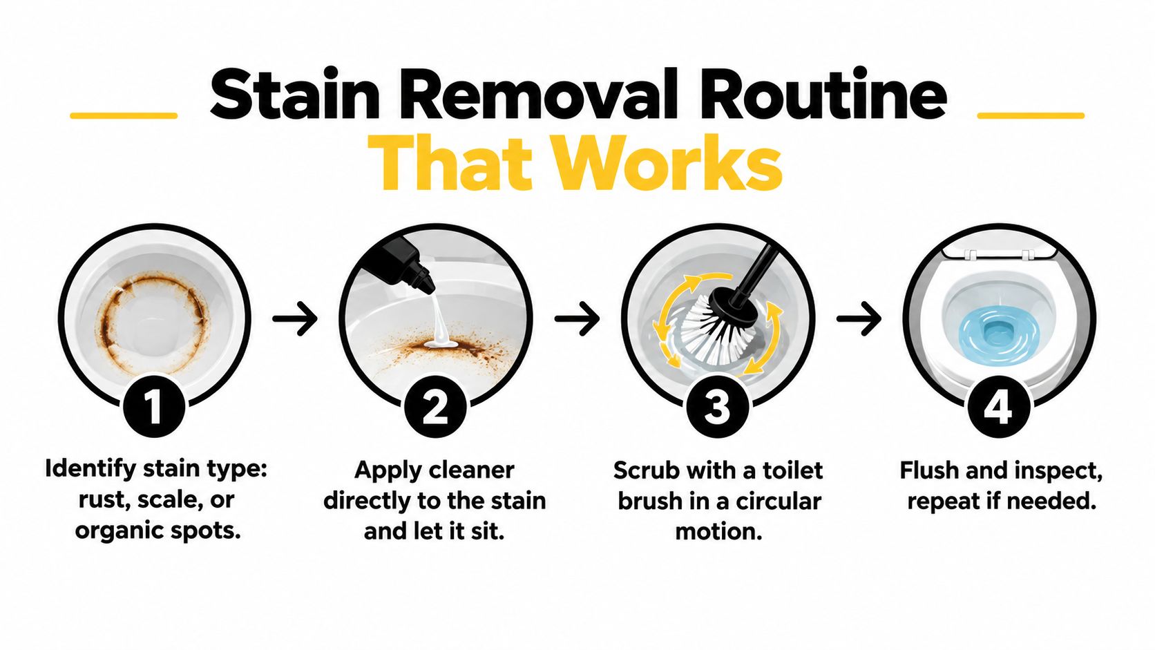 A four-step infographic illustrating a routine for removing stains from a toilet bowl using cleaner and brushing.