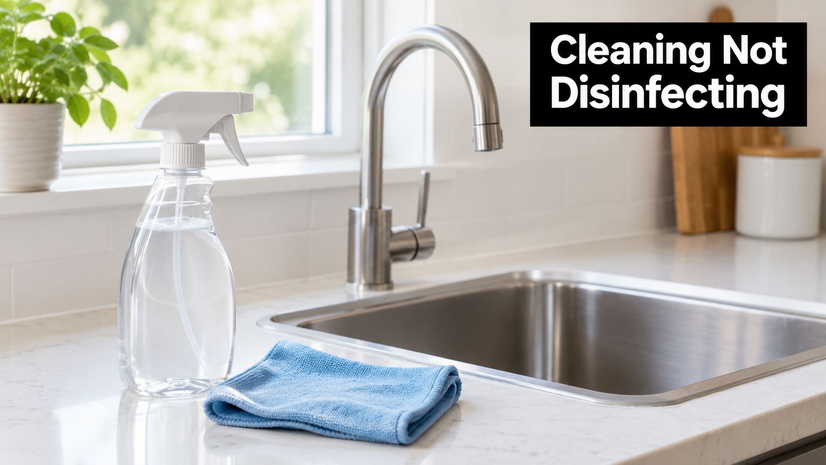 A spray bottle and a blue microfiber cloth sitting on a kitchen counter near a sink.
