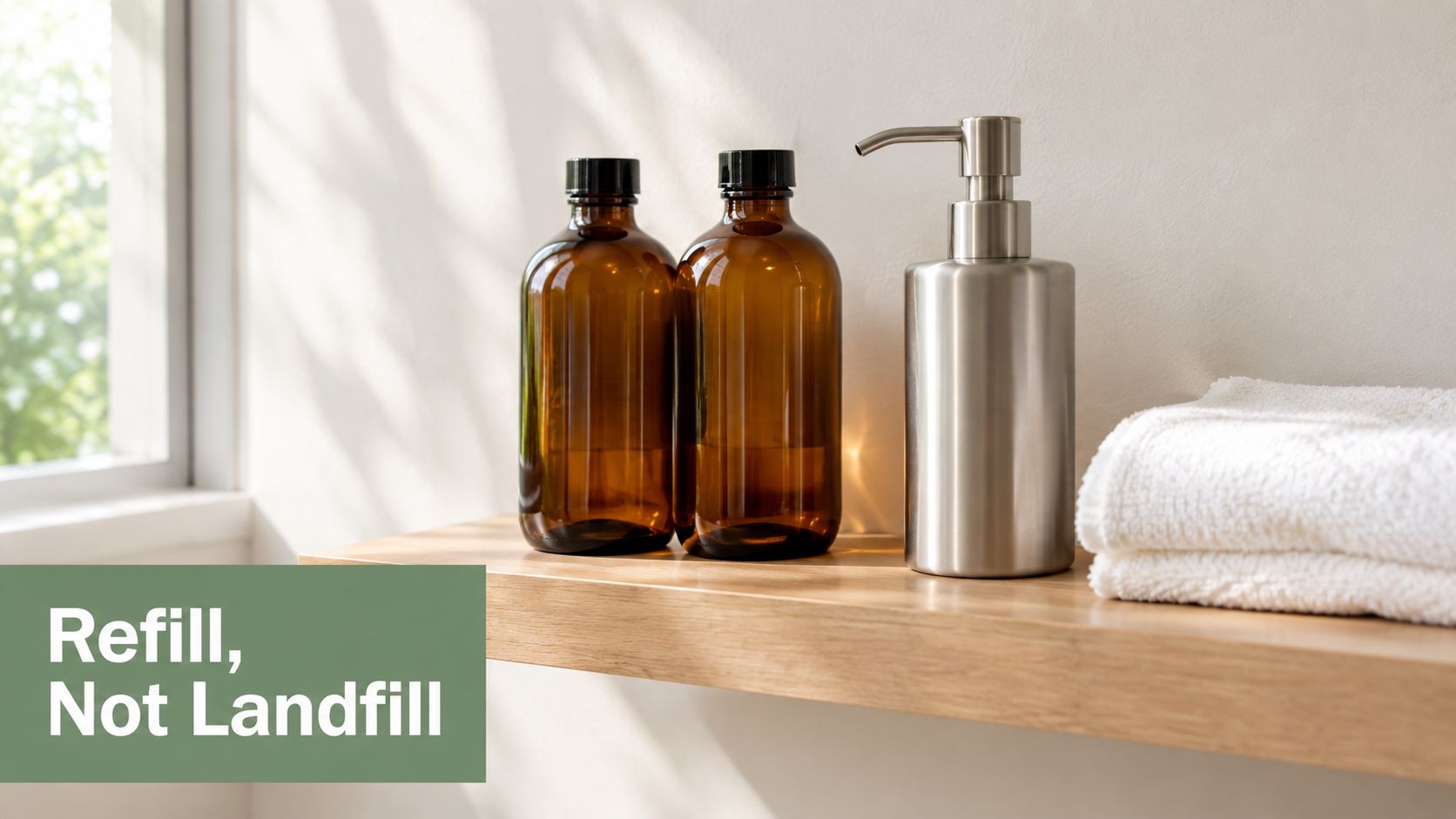 Two amber glass bottles and a metal soap dispenser sit on a wooden shelf with towels.