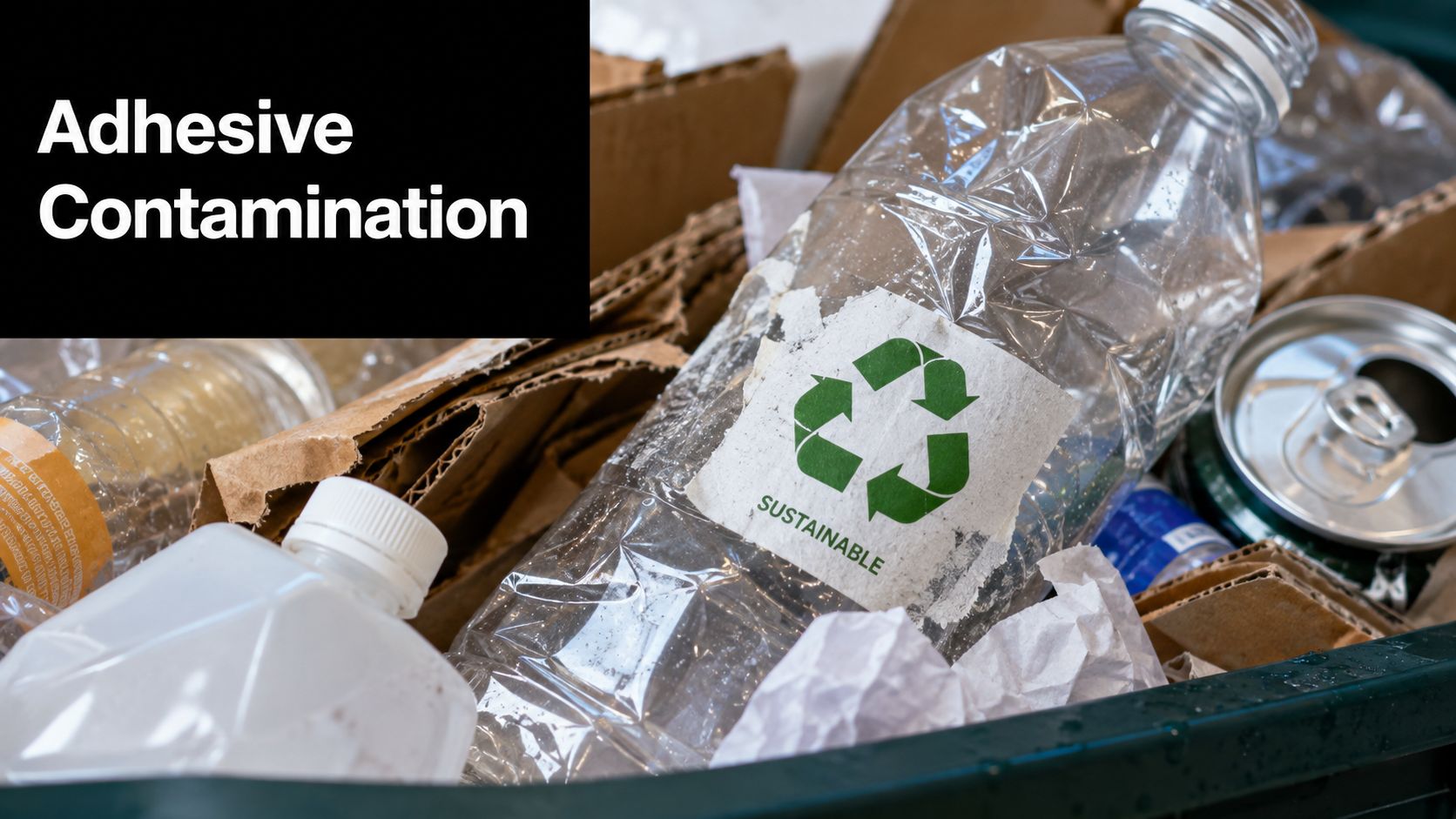 A clear plastic bottle with a green recycling sticker sits among cardboard and waste in a bin.