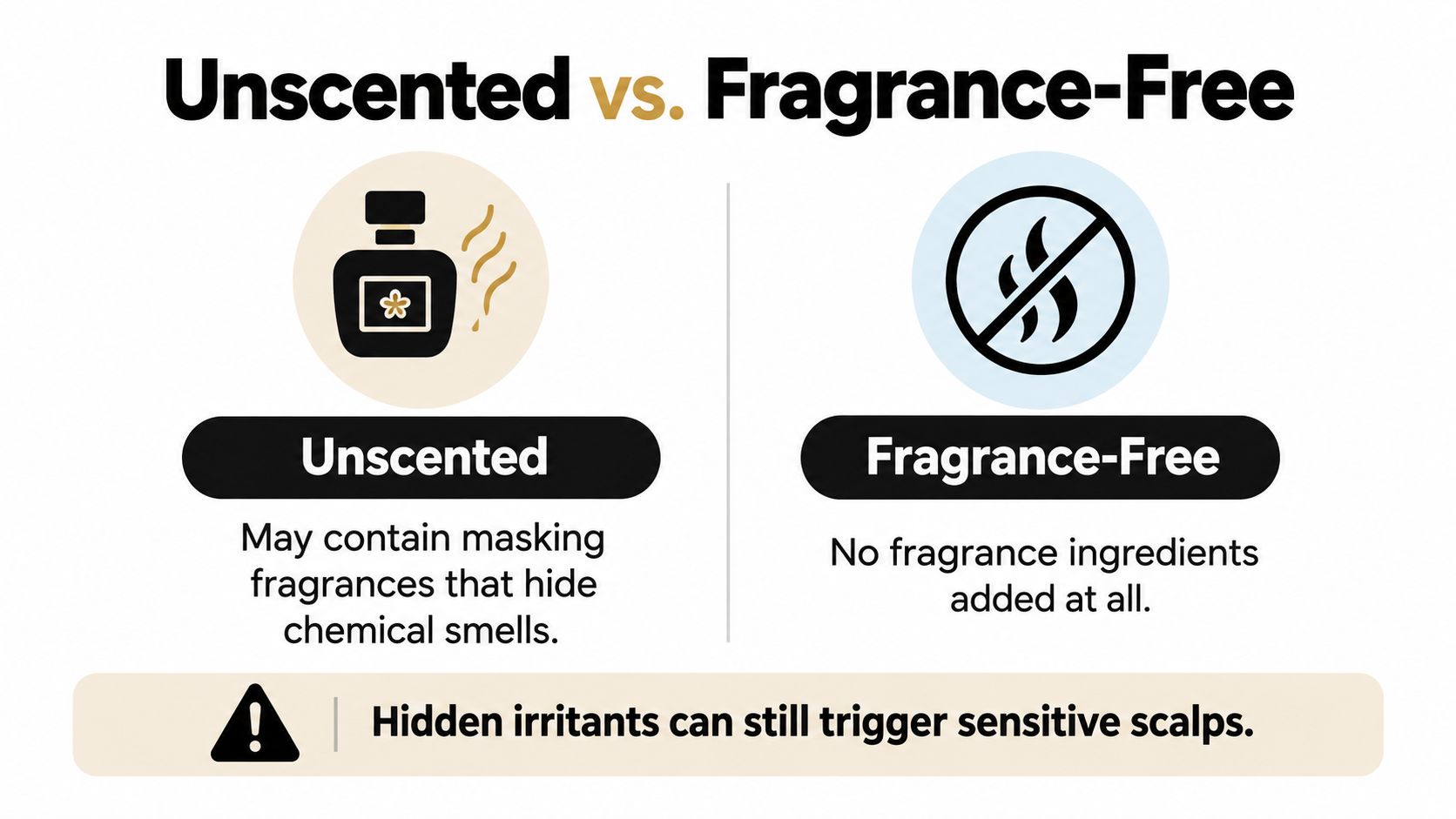 An infographic comparing unscented and fragrance-free labels, explaining that unscented products may contain hidden masking fragrances.