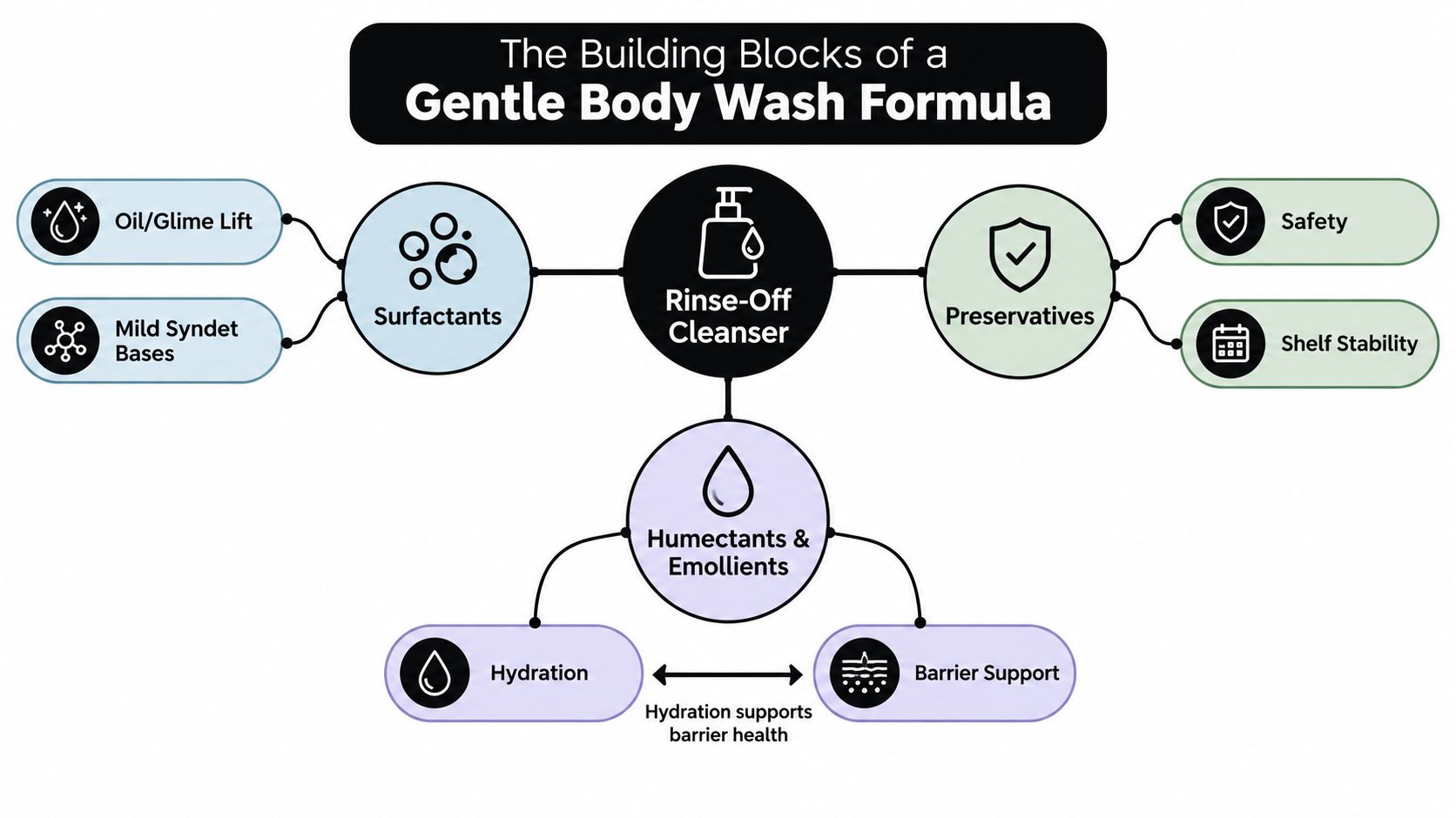 A diagram illustrating the essential chemical building blocks of a gentle, safe body wash formula.