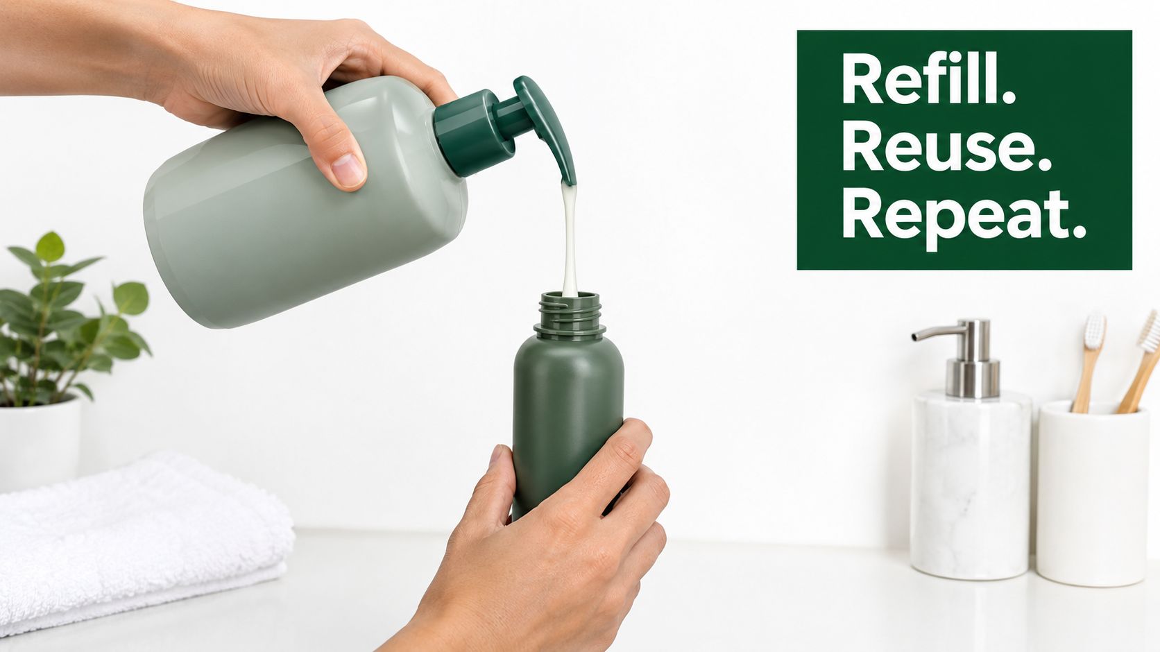 A person pouring creamy liquid from a light green pump bottle into a smaller dark green bottle.