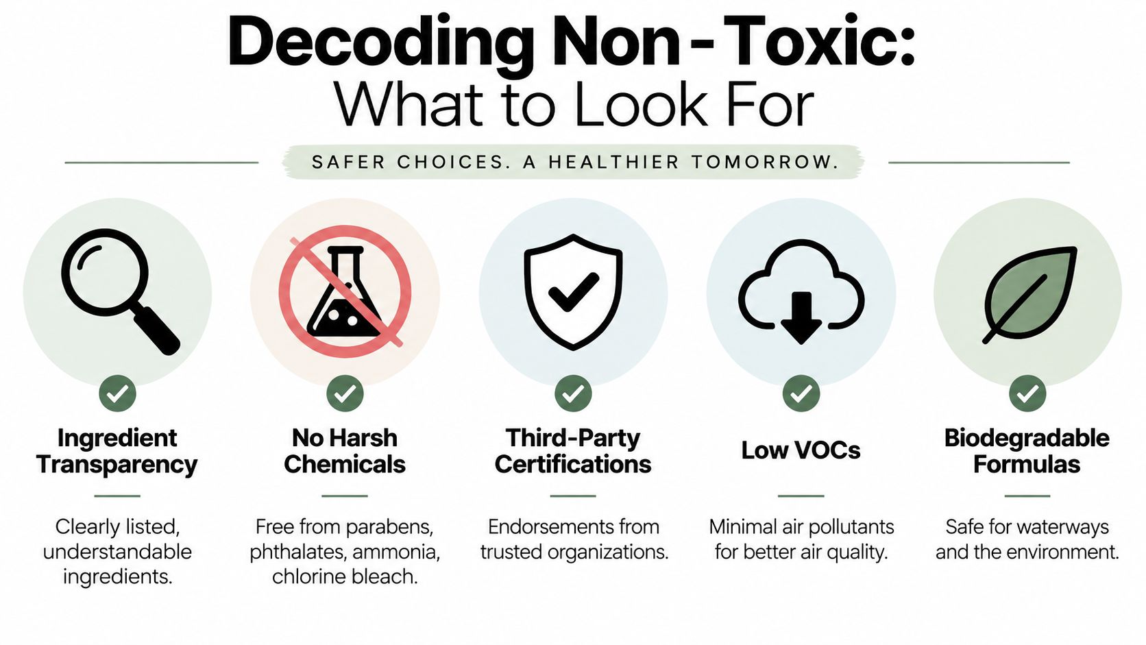 An infographic titled Decoding Non-Toxic listing five key features to look for in safe household products.