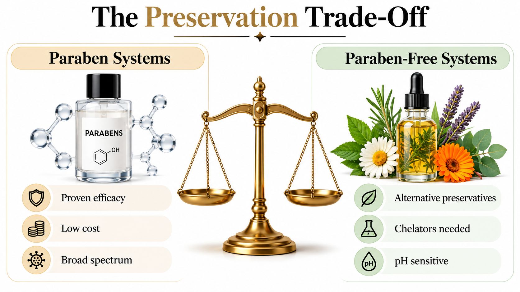 A comparison scale illustrating the trade-offs between traditional paraben-based preservation systems and natural paraben-free alternatives.