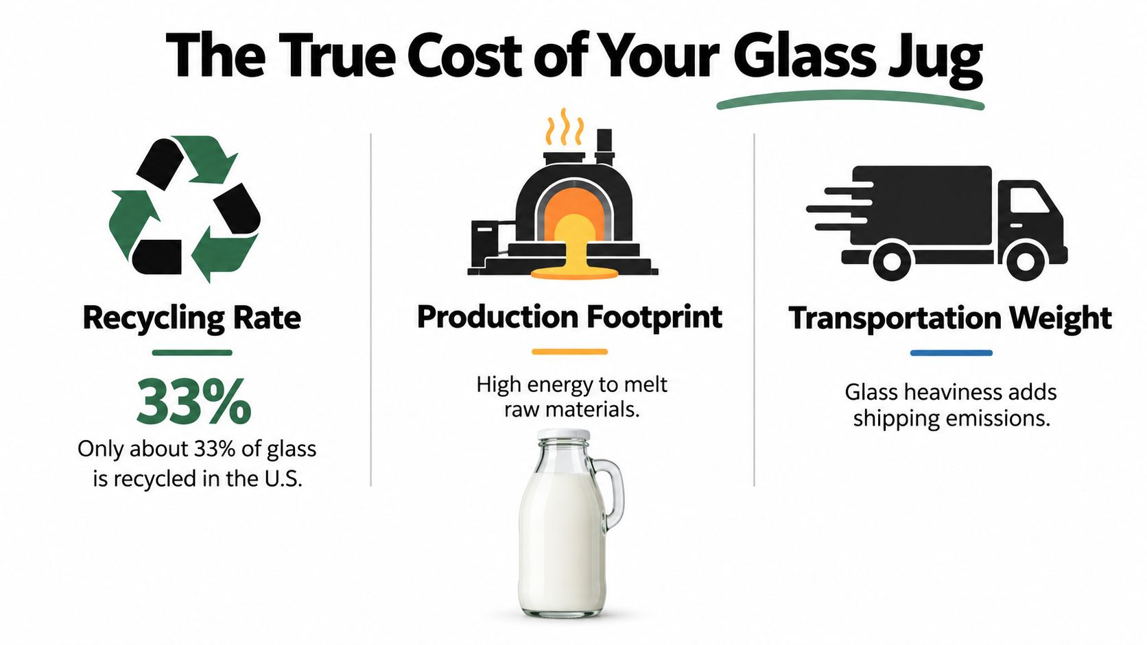An infographic titled The True Cost of Your Glass Jug showing low recycling rates and production environmental impact.