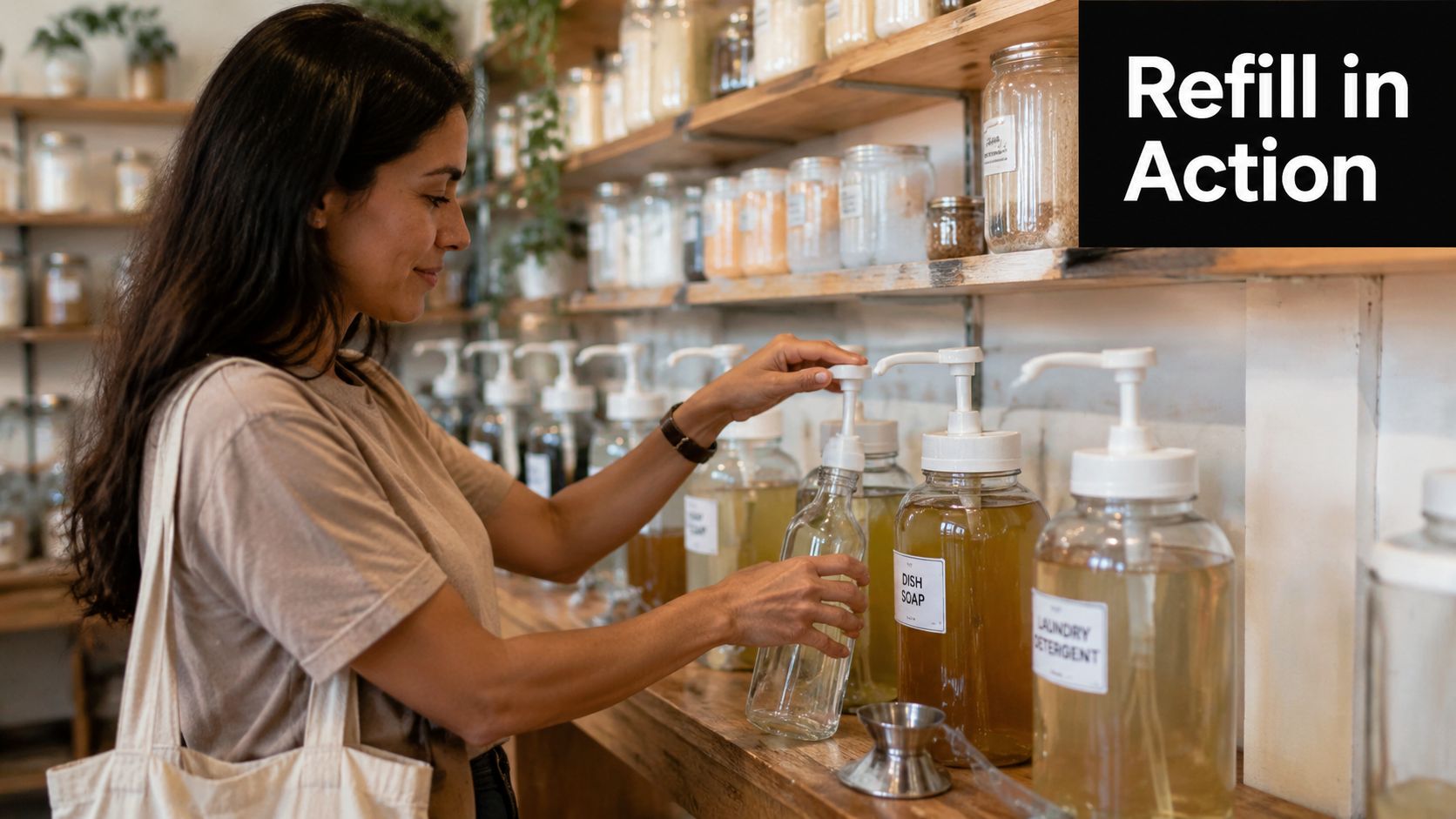 A woman filling a glass bottle with dish soap at a sustainable zero waste bulk store.