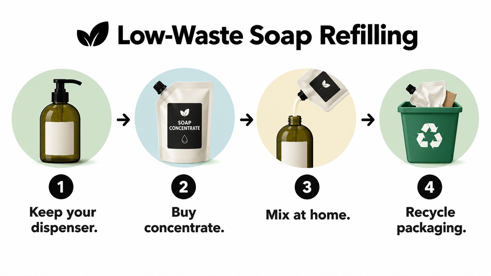 An infographic showing four steps for low-waste soap refilling: keep dispenser, buy concentrate, mix at home, recycle.