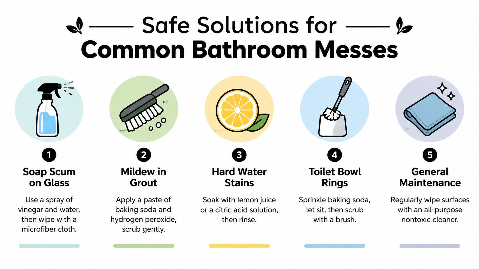 A helpful infographic showing five safe, non-toxic cleaning methods for common bathroom messes on white background.