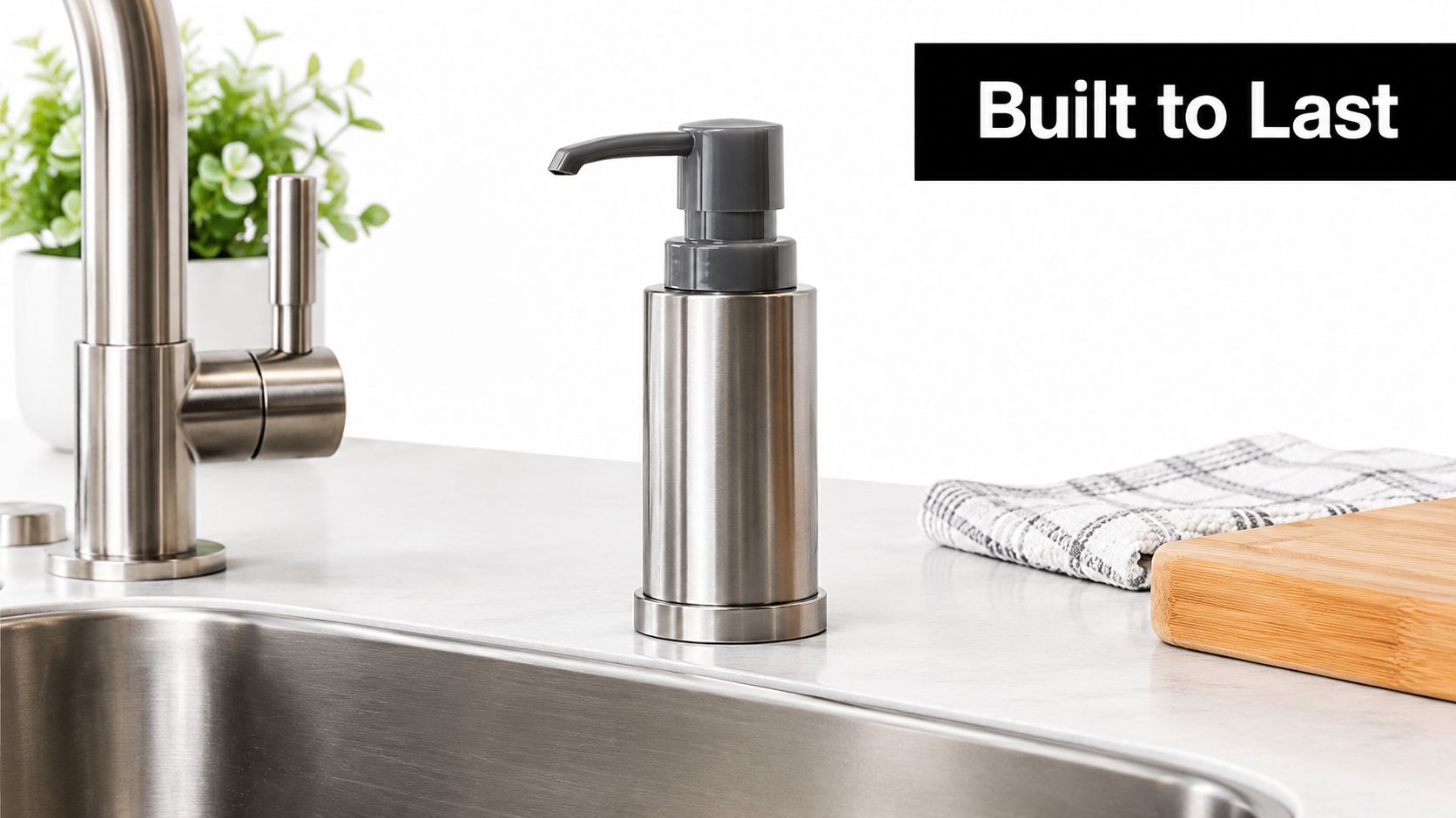 A modern stainless steel hand soap dispenser sitting on a marble kitchen countertop beside a sink.