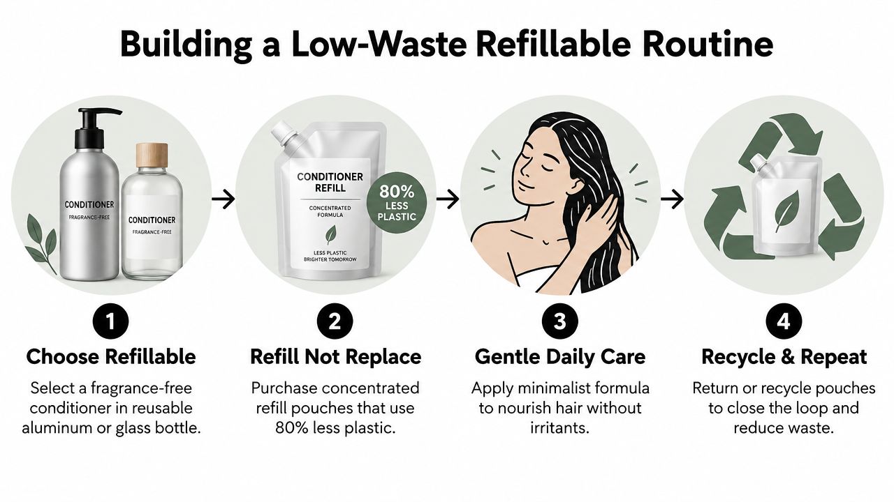 A four-step infographic explaining how to use a sustainable, fragrance-free refillable conditioner system for hair care.