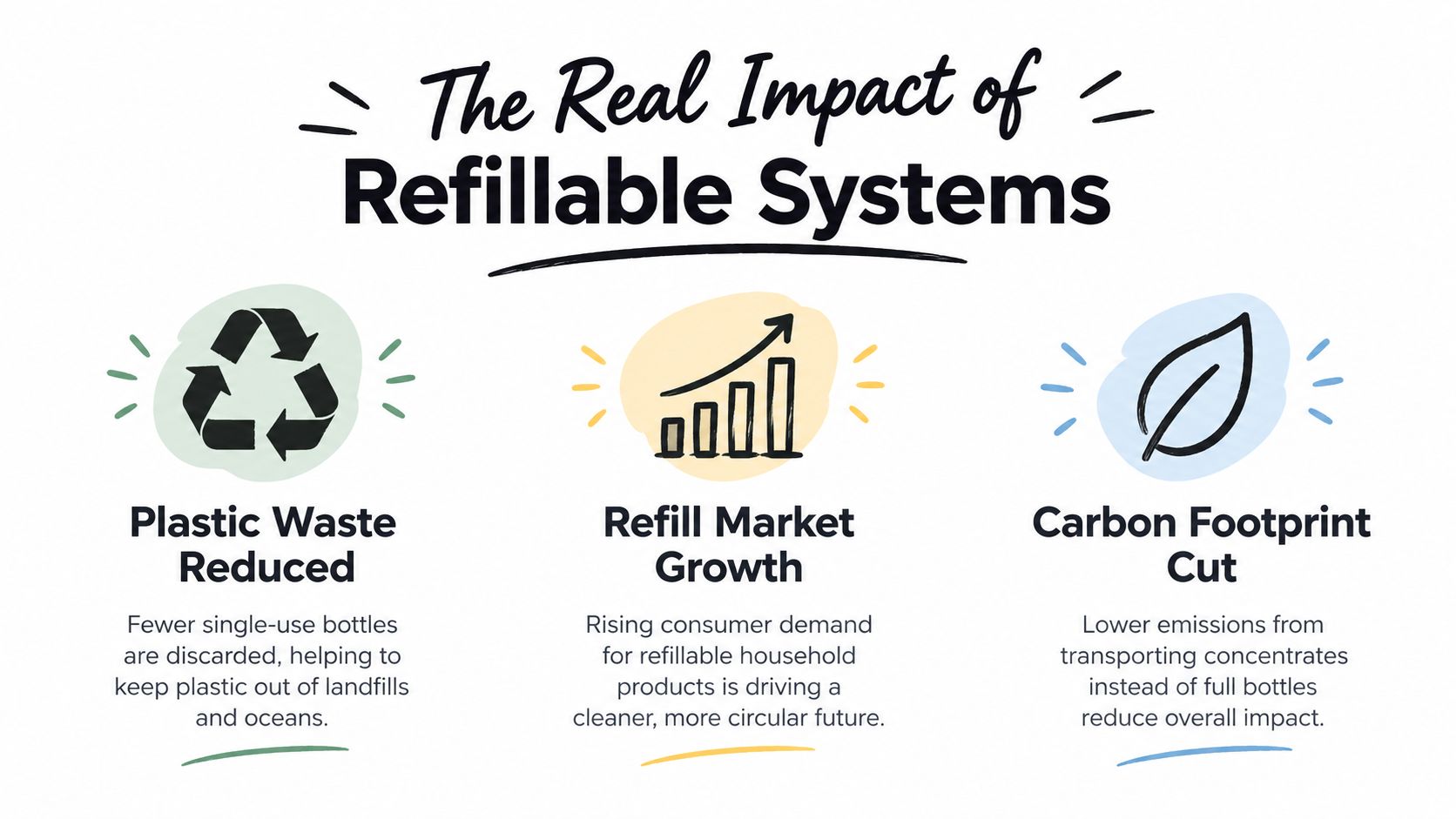 An infographic highlighting the environmental benefits of refillable systems, including reduced plastic waste and carbon footprint.