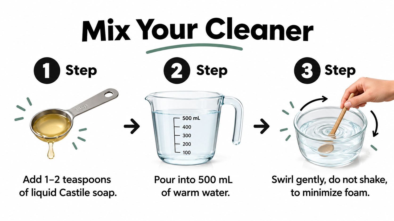 A simple three-step infographic showing how to mix Castile soap with warm water for DIY cleaner.