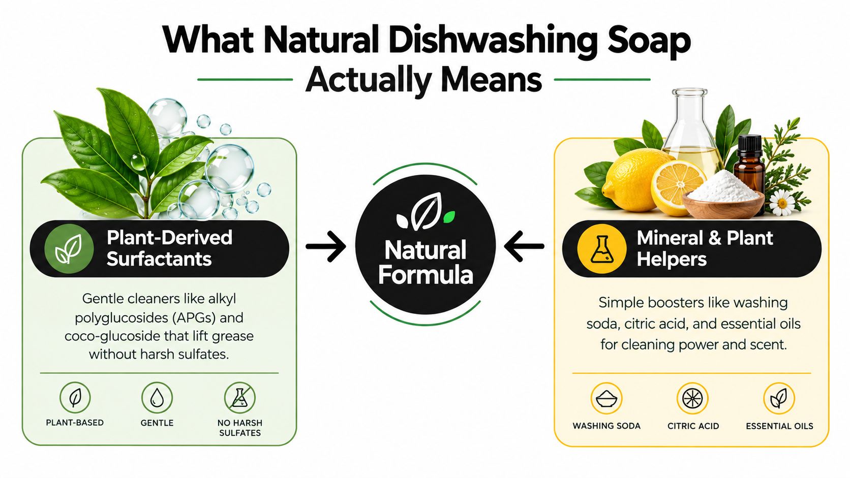 An infographic explaining the components of natural dishwashing soap, including plant-derived surfactants and mineral-based helpers.