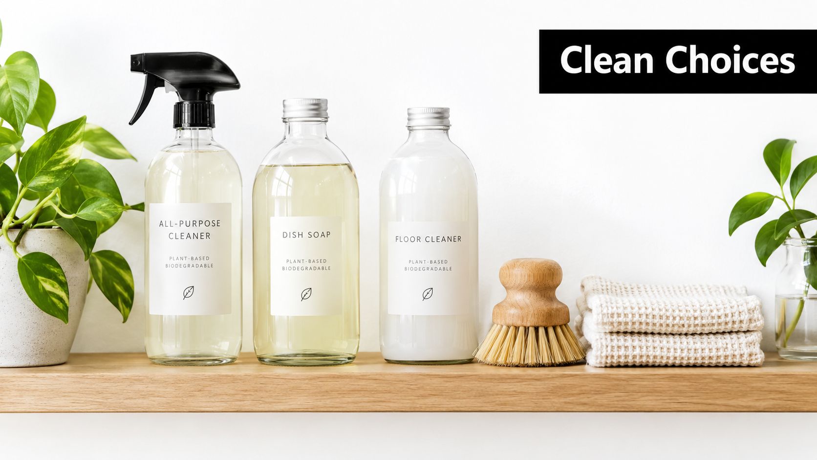 A wooden shelf holding three eco-friendly cleaning bottles, a scrub brush, folded towels, and two potted plants.