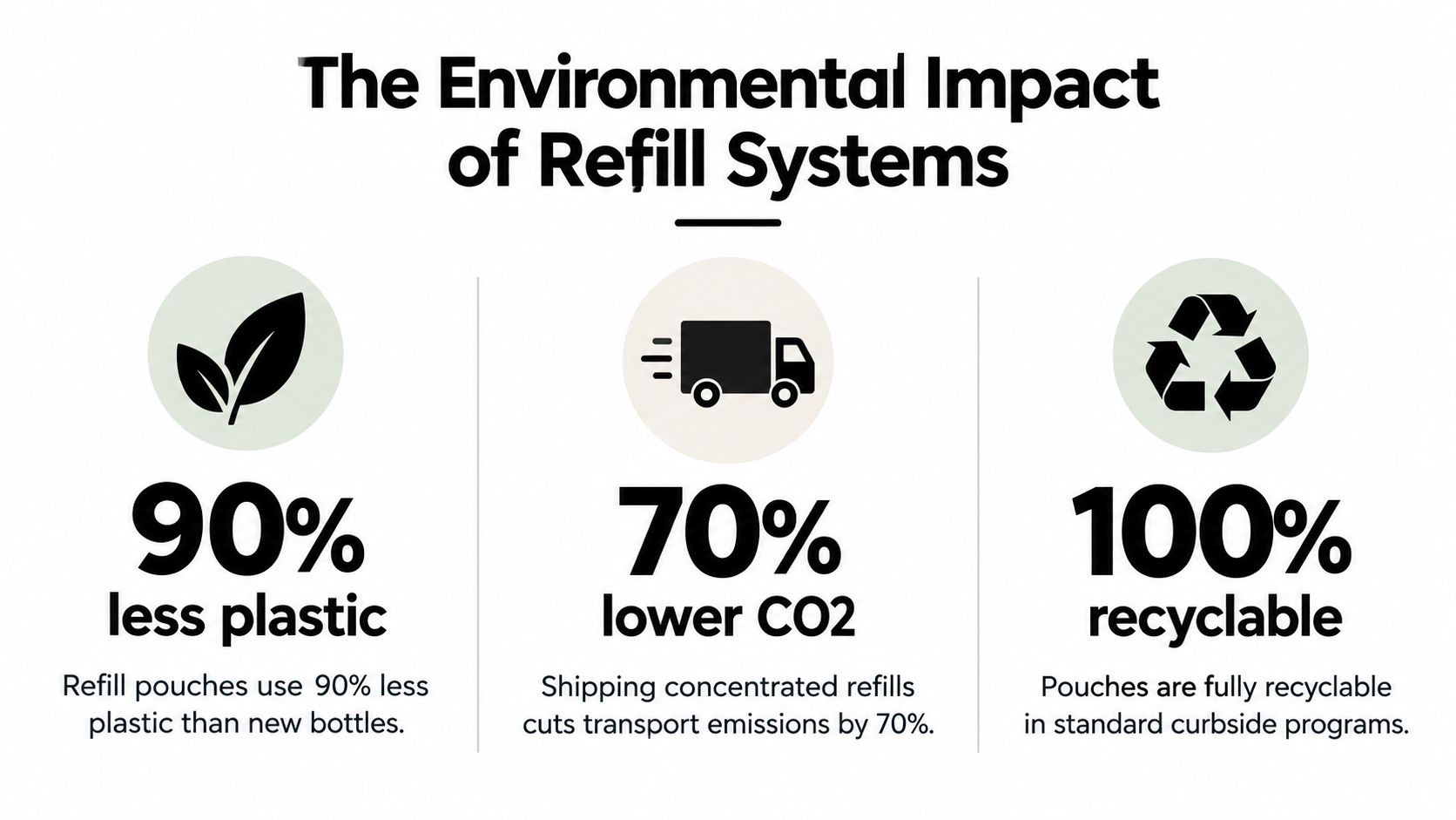 An infographic showing that refill pouches use 90 percent less plastic, lower carbon emissions, and are 100 percent recyclable.
