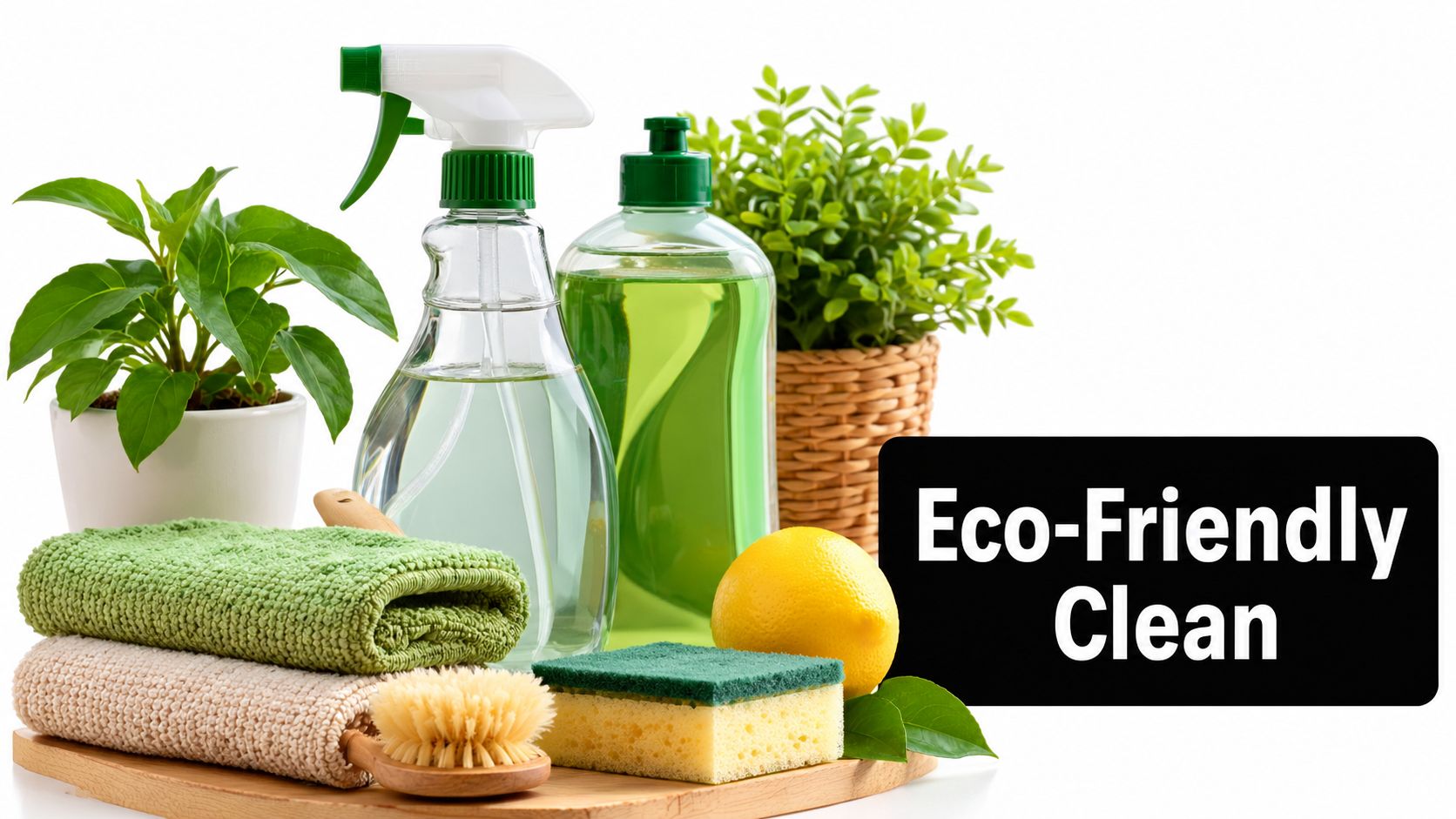 A collection of natural eco-friendly cleaning supplies including spray bottles, sponge, brush, towels, lemon, and green plants.