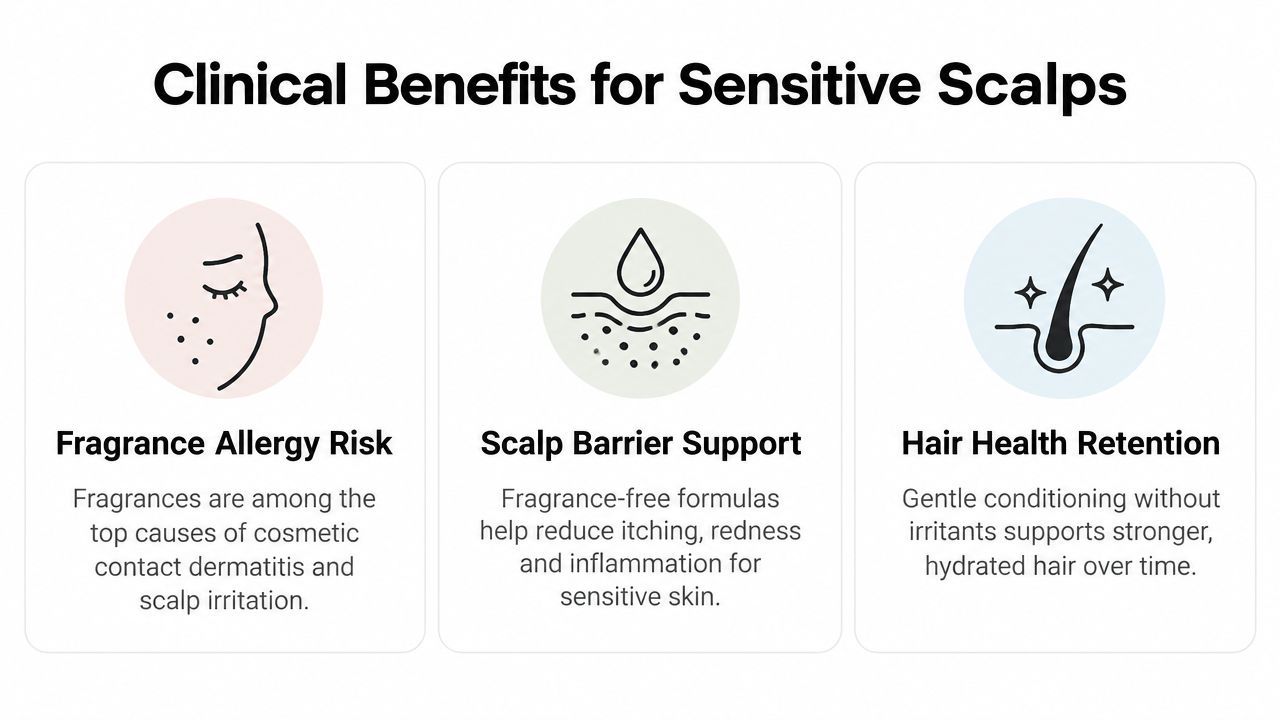 A graphic highlighting the clinical benefits of fragrance-free hair products for those with sensitive scalps.