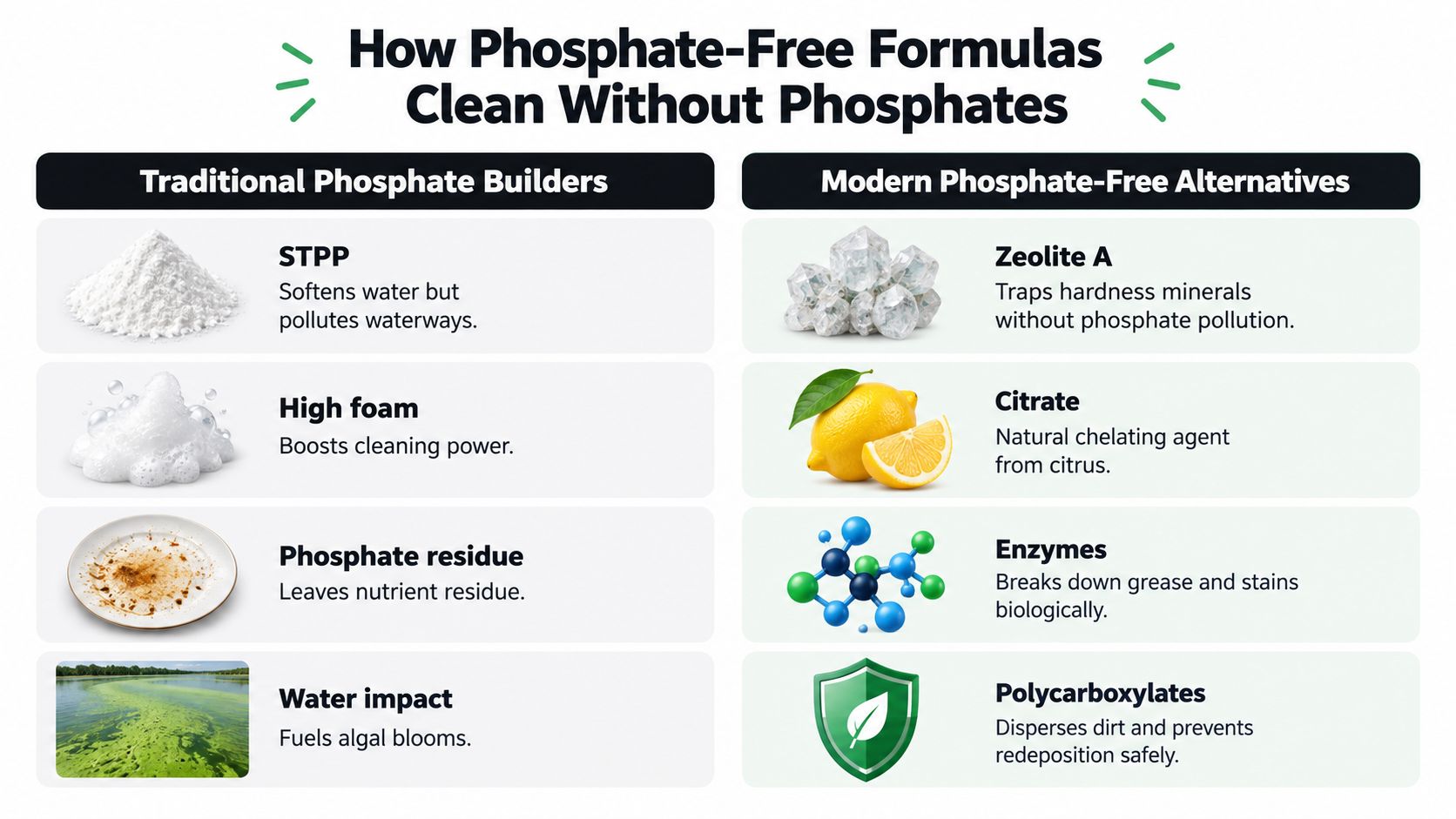 A comparison chart showing traditional phosphate cleaners versus modern phosphate-free ingredients and their environmental benefits.