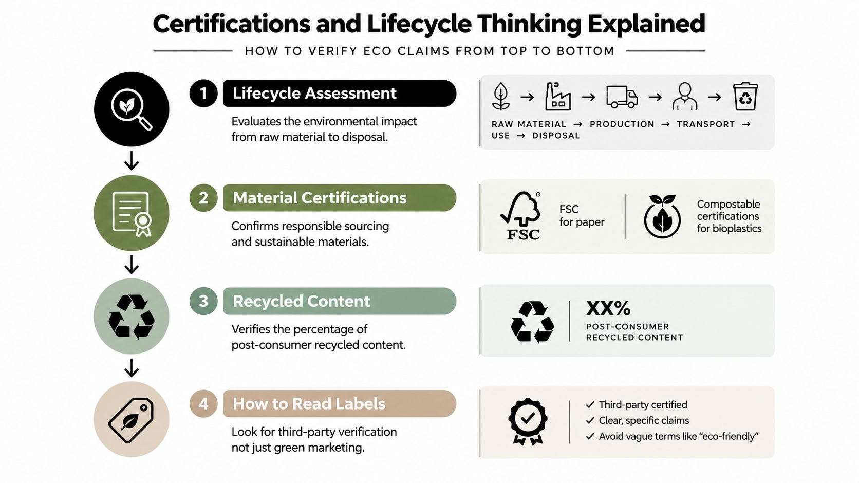 An infographic titled Certifications and Lifecycle Thinking Explained detailing four steps to verify eco-friendly packaging claims.