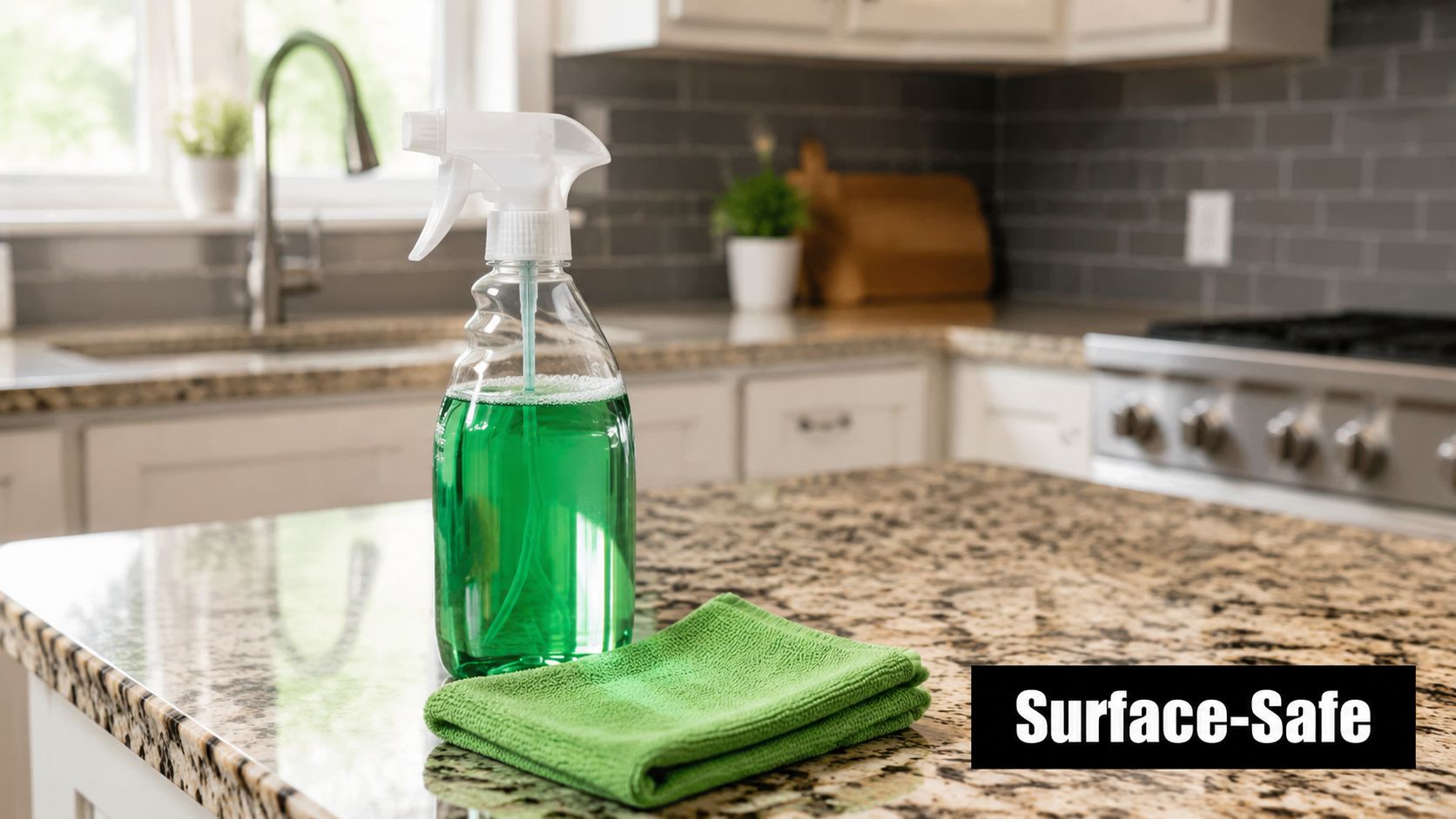 A green spray bottle of cleaning solution and a green microfiber cloth on a granite kitchen countertop.