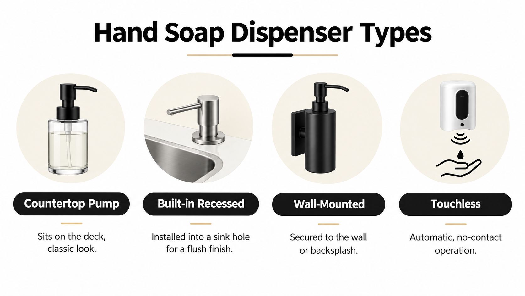 A graphic showing four different types of hand soap dispensers: countertop pump, built-in recessed, wall-mounted, and touchless.