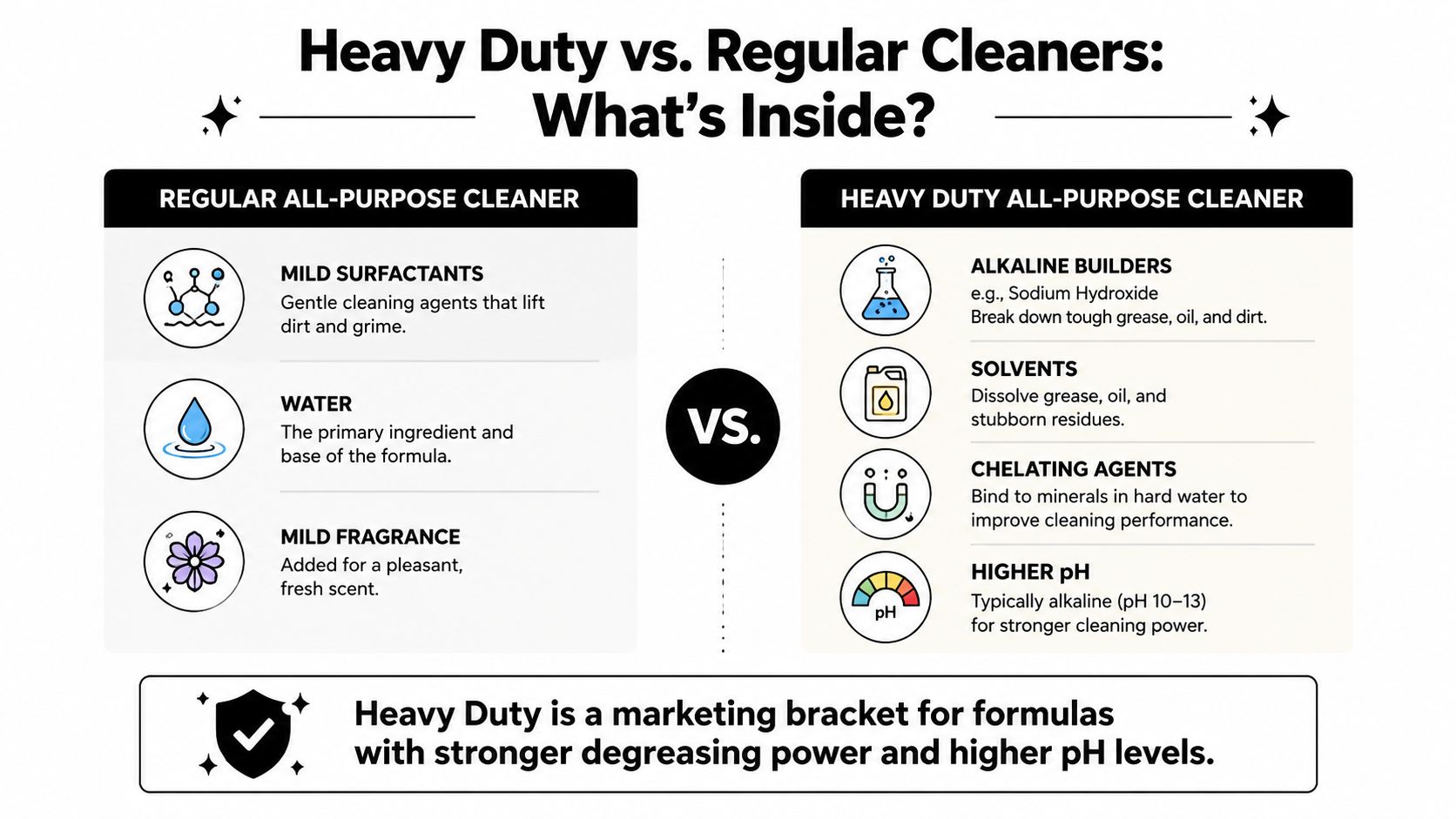 A comparative chart illustrating the key ingredients and chemical differences between regular and heavy duty cleaning products.