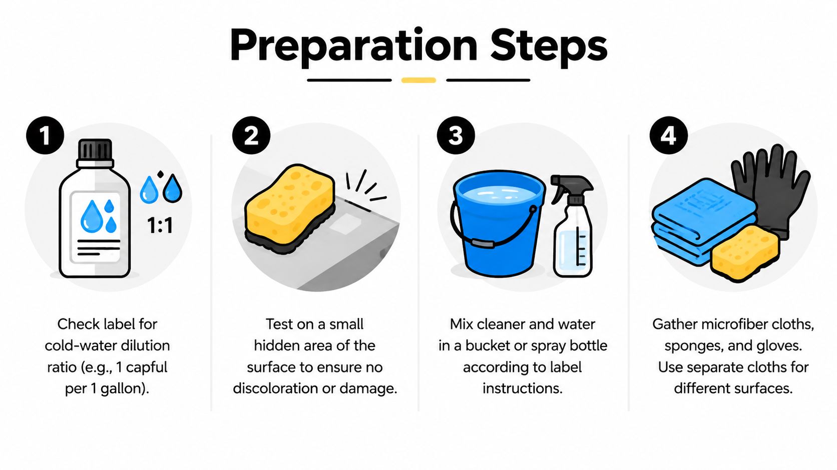 A four-step infographic explaining how to prepare a cleaning solution using an all-purpose cleaner.