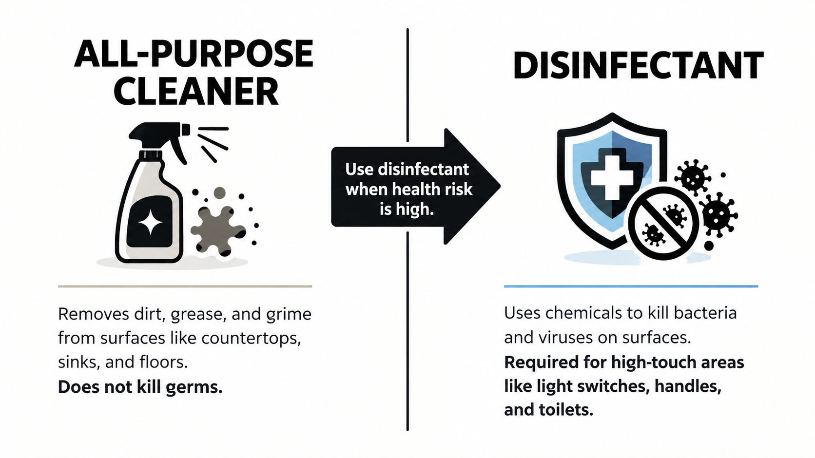 A comparison chart showing the differences between using an all-purpose cleaner and a disinfectant for cleaning.