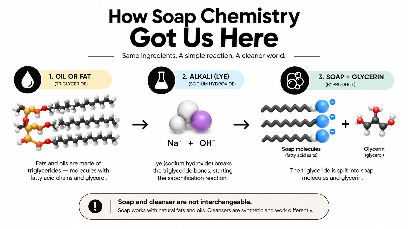 An infographic illustrating the saponification process showing how fats, oils, and lye create soap and glycerin.