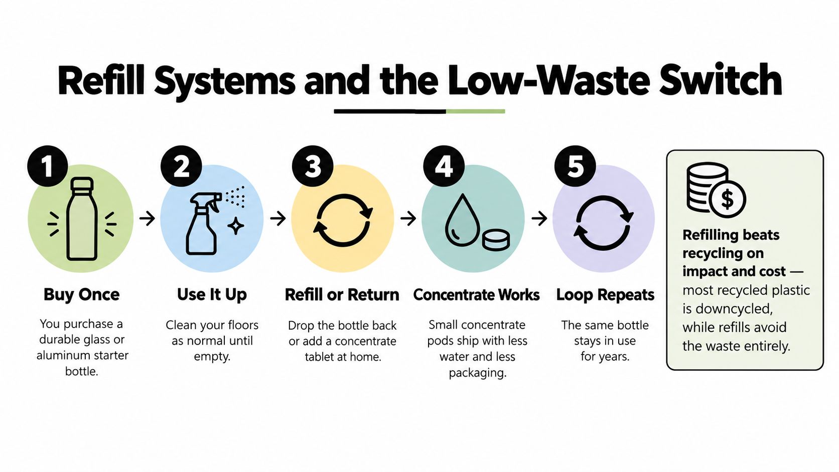 An infographic showing a five-step process for using eco-friendly refillable floor cleaning bottles to reduce waste.