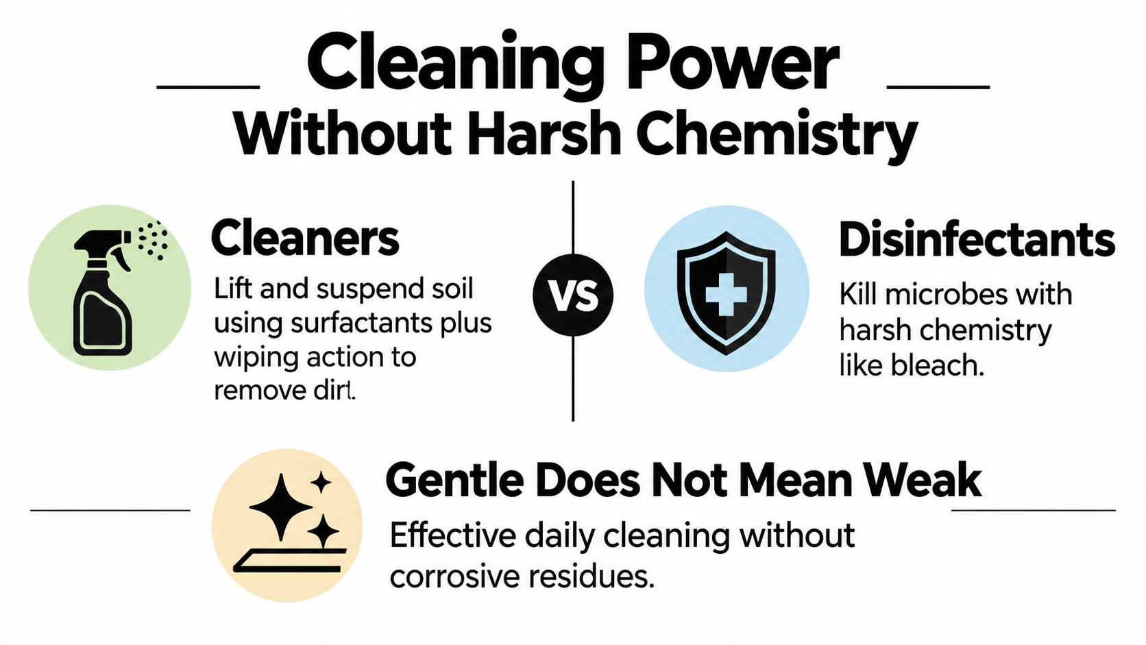 An infographic comparing cleaners and disinfectants, highlighting effective daily cleaning without the use of harsh chemicals.