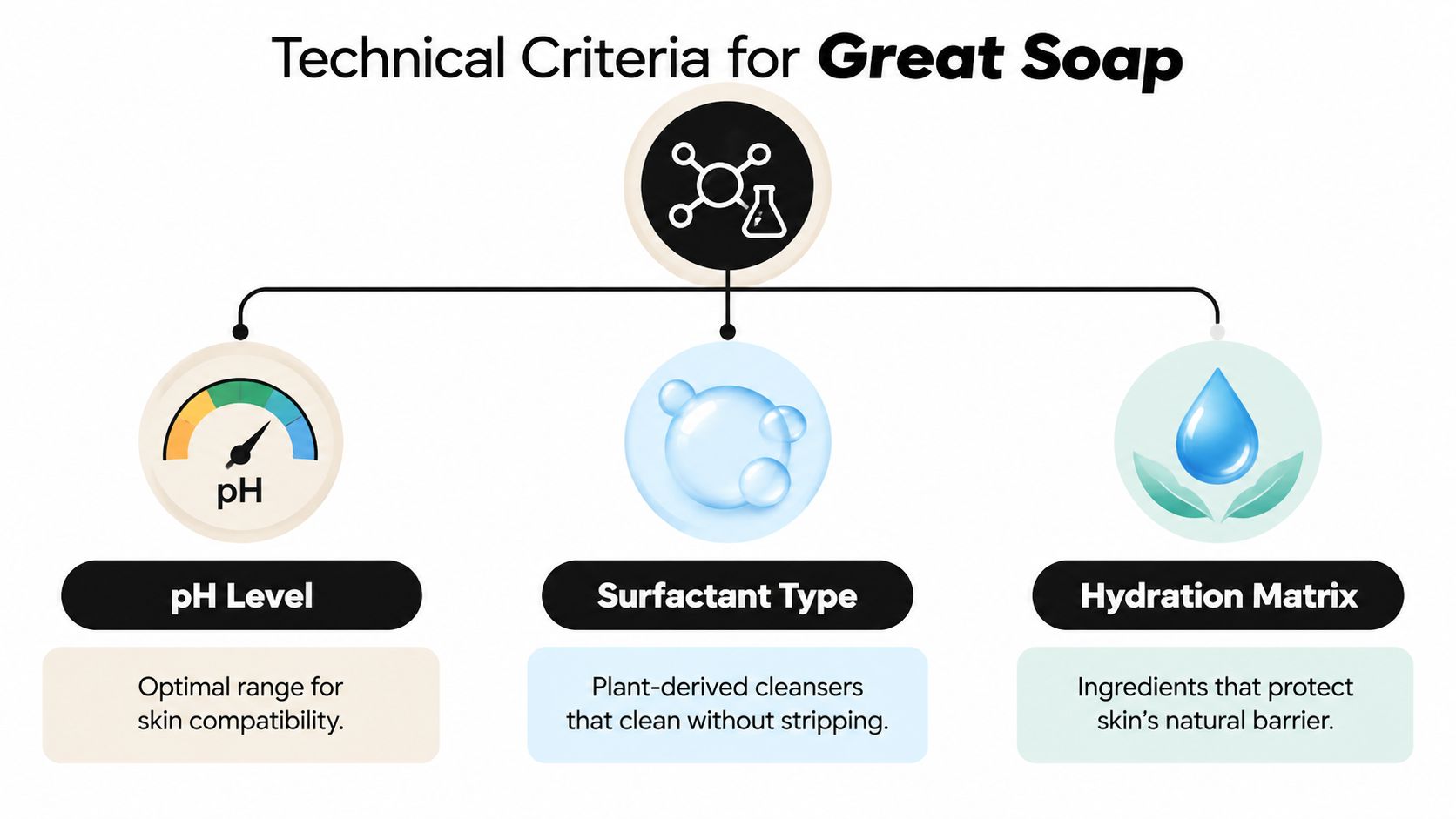 An infographic showing the three technical criteria for great soap: pH level, surfactant type, and hydration matrix.