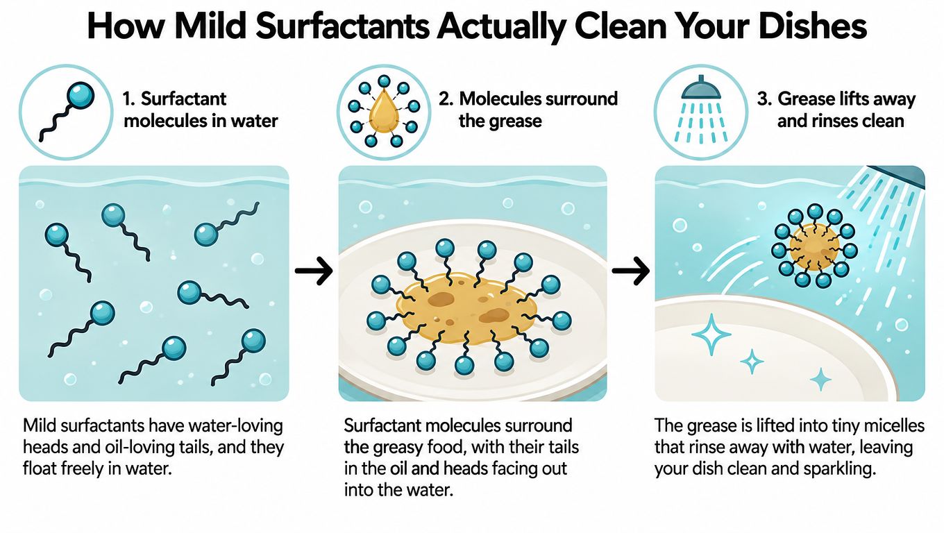 A diagram illustrating the cleaning mechanism of mild surfactant molecules on greasy dishes in three steps.