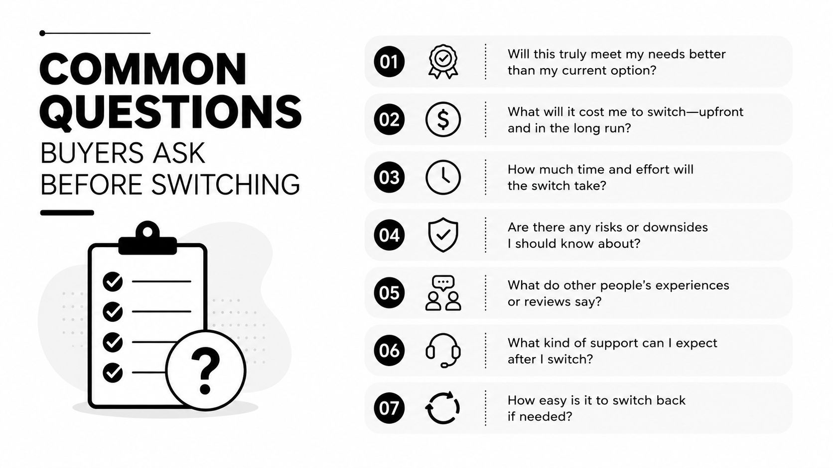 A list of seven common questions buyers ask before switching products, presented as an infographic with icons.