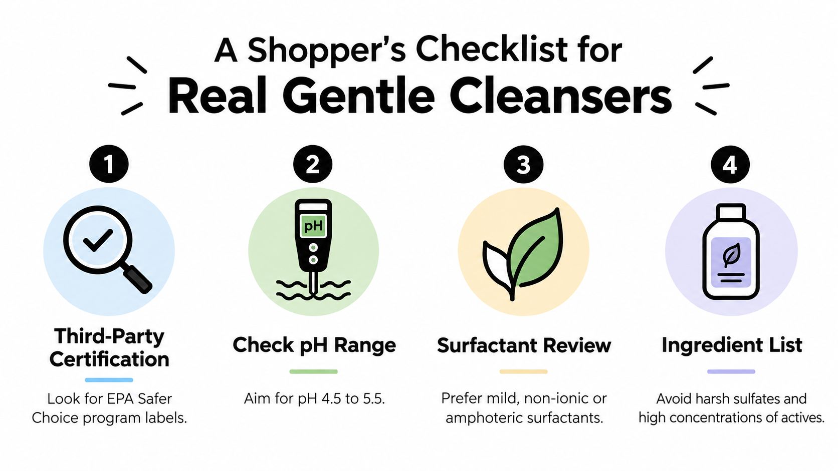 A four-step shopper's checklist infographic on how to identify real gentle, skin-friendly cleansers for better health.